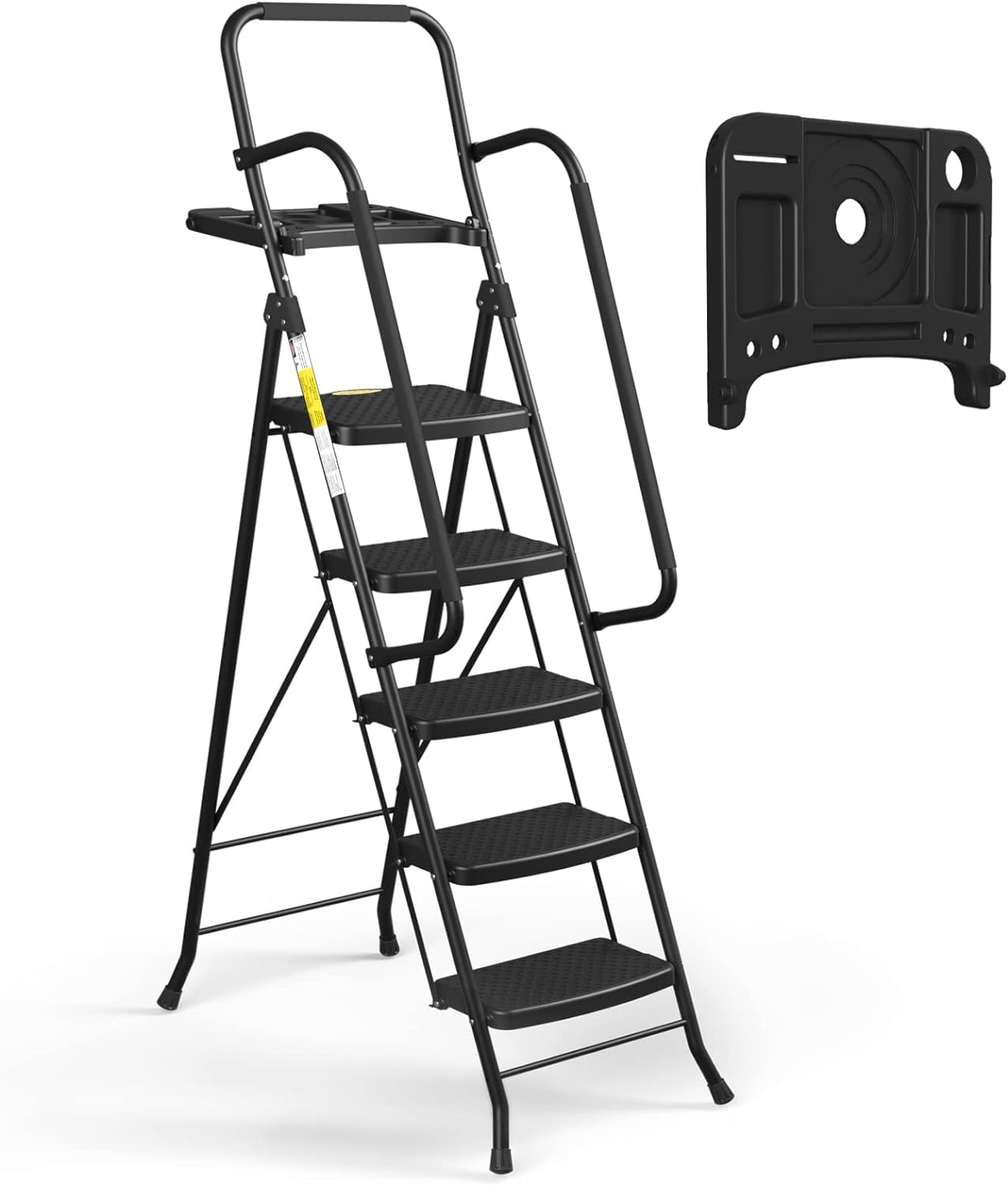 HBTower Trittleiter 5 Stufen klappbar mit Werkzeugablage, Faltbare Haushaltsleiter mit Anti-Rutsch-Stufen & Gummifüßen, Stahlrahmen bis 150 kg belastbar, für Zuhause, Garage & Baustelle