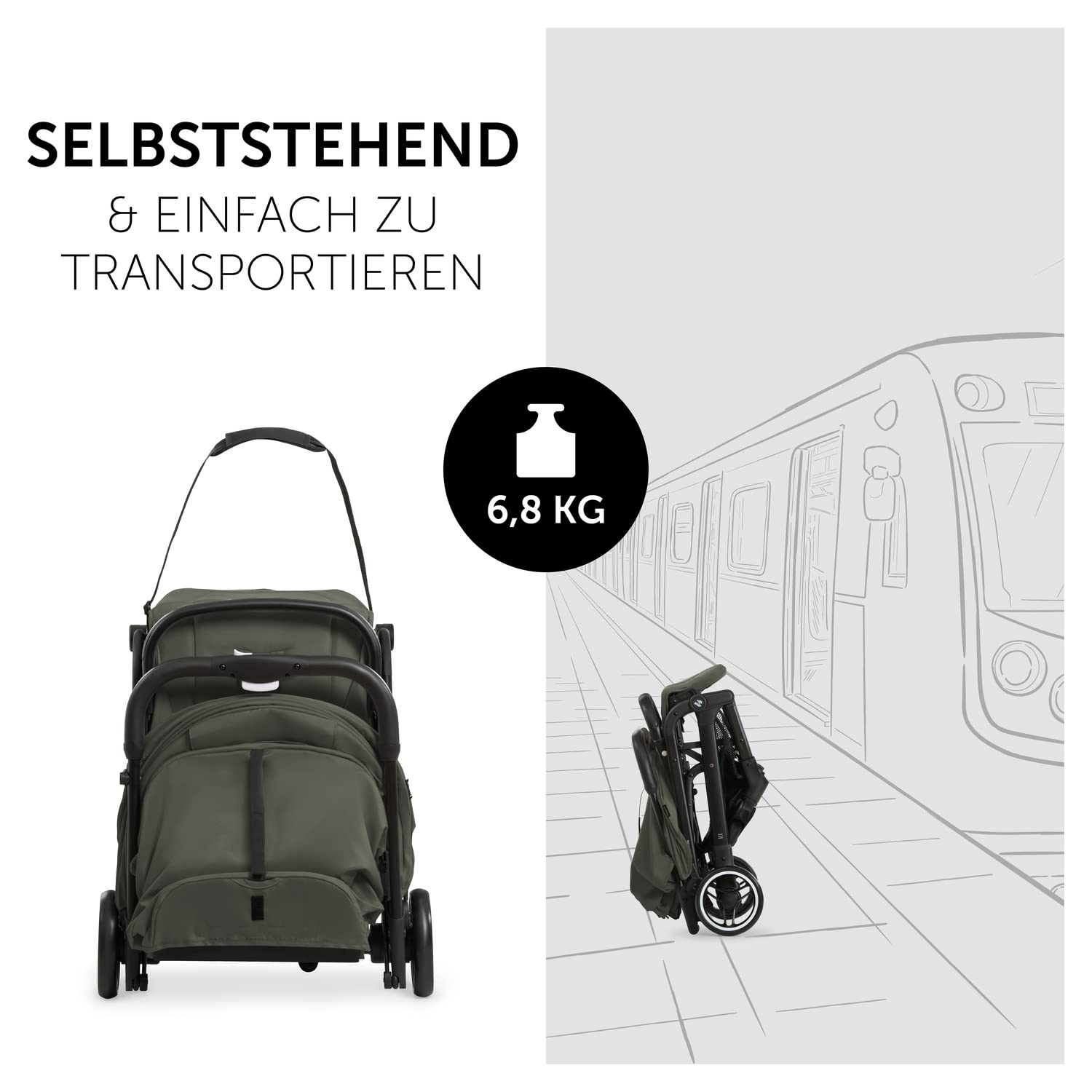 hauck Travel N Care, Dark Olive - Reise Buggy für Kinder ab Geburt bis 22 kg - mit Liegefunktion - Leicht 6,9 kg & Kompakt - Klein Zusammenklappbar - UPF 50+ - EVA Räder - Korb bis 3 kg
