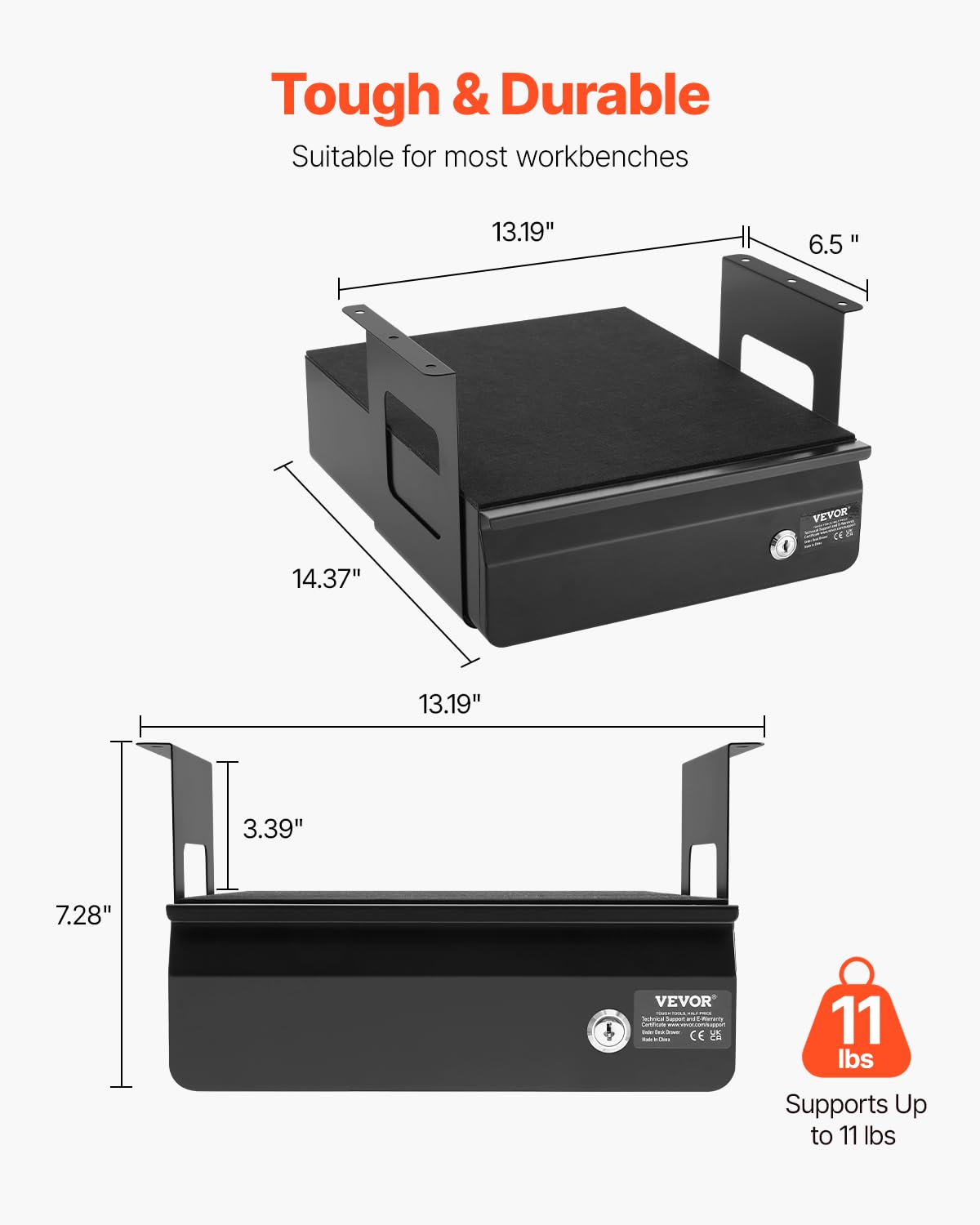 VEVOR Untertisch Schublade 365x335x185 mm, Unterbau Schreibtisch, versteckter Schreibtisch-Aufbewahrungs-Organizer, abschließbare Bleistiftschublade unter dem Tisch für Sitz-Steh-Arbeitsplätze