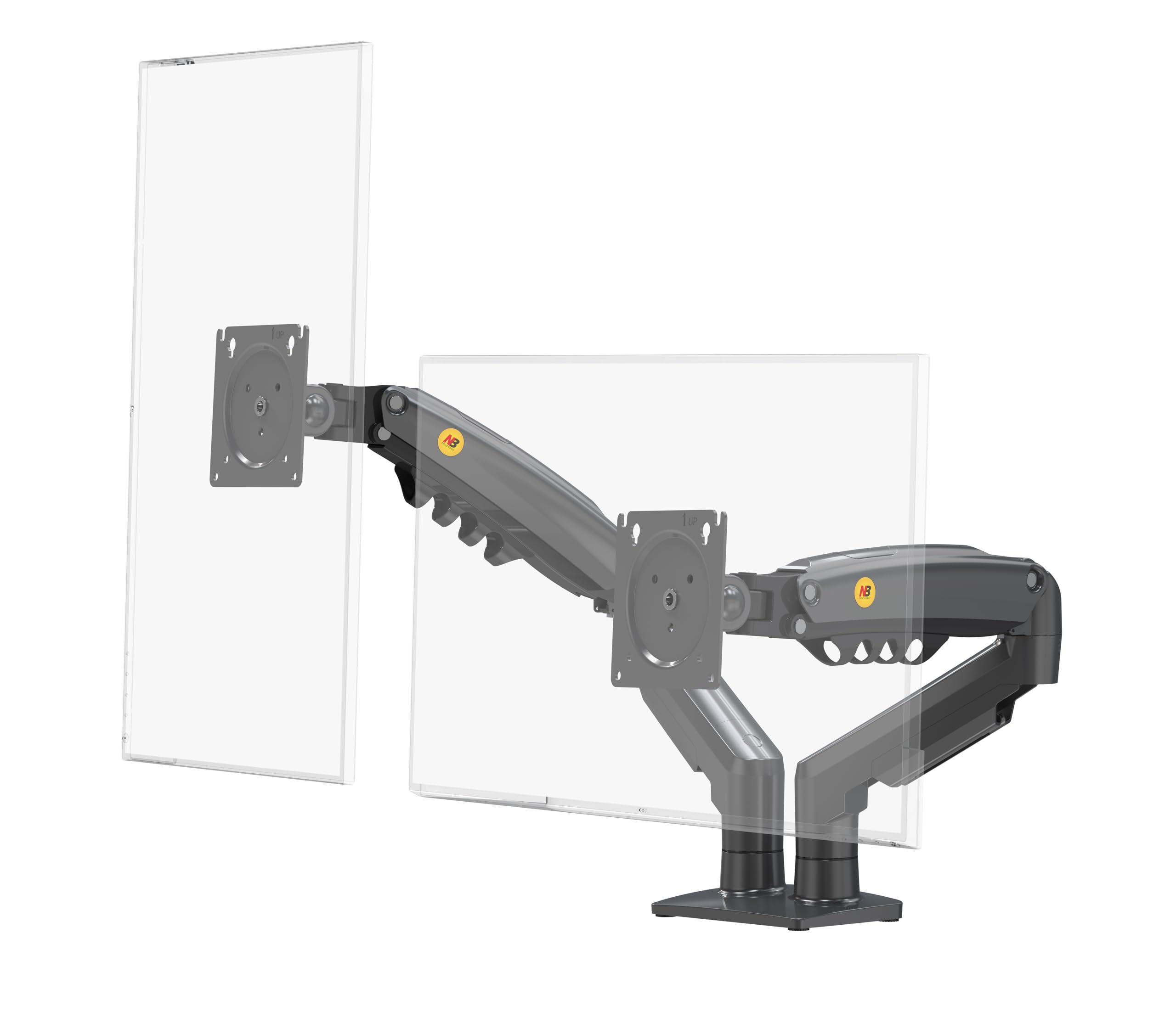 Ergosolid Desktop-Halterung für 2 PC-Bildschirme (17-27 Zoll), verstellbar in Mehreren Achsen, Drehgelenk, Gasfeder bis 2 x 9 kg, F160VAR