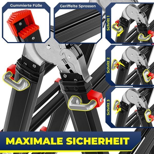 MASKO Aluminium 6in1 Mehrzweckleiter – 20 Sprossen | - 520 cm | 150 Kg, ausziehbar, rutschfest, Multifunktional, Gelenkleiter, Anlegeleiter, Klappleiter, beidseitige Steh- und Treppenleiter | Schwarz