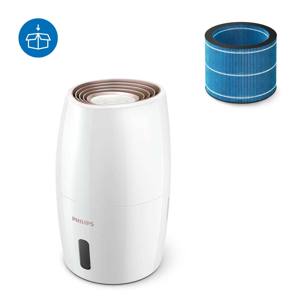 PHILIPS Luftbefeuchter 2000 Serie, hygienische NanoCloud-Befeuchtung, 99,97% weniger Bakterien, 200ml/h, 2L Wassertank, Ultra leise (33dB), Sensor, 3 Stufen, Auto&Schlafmodus, Timer, Weiß (HU2716/10)