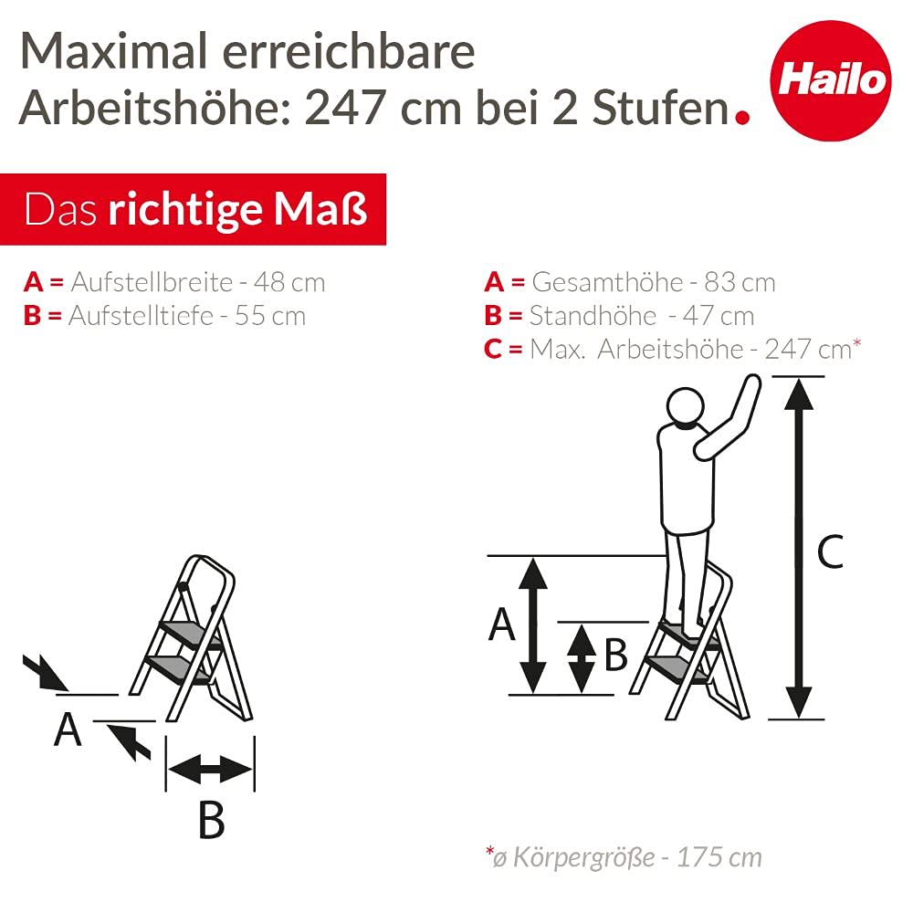 Hailo K70 StandardLine Alu-Klapptritt-Leiter - 2 große Stahl-Stufen mit Anti-Rutsch-Matten belastbar bis 150 kg - Trittleiter mit Klappsicherung - besonders leicht und einfach zu verstauen - Silber