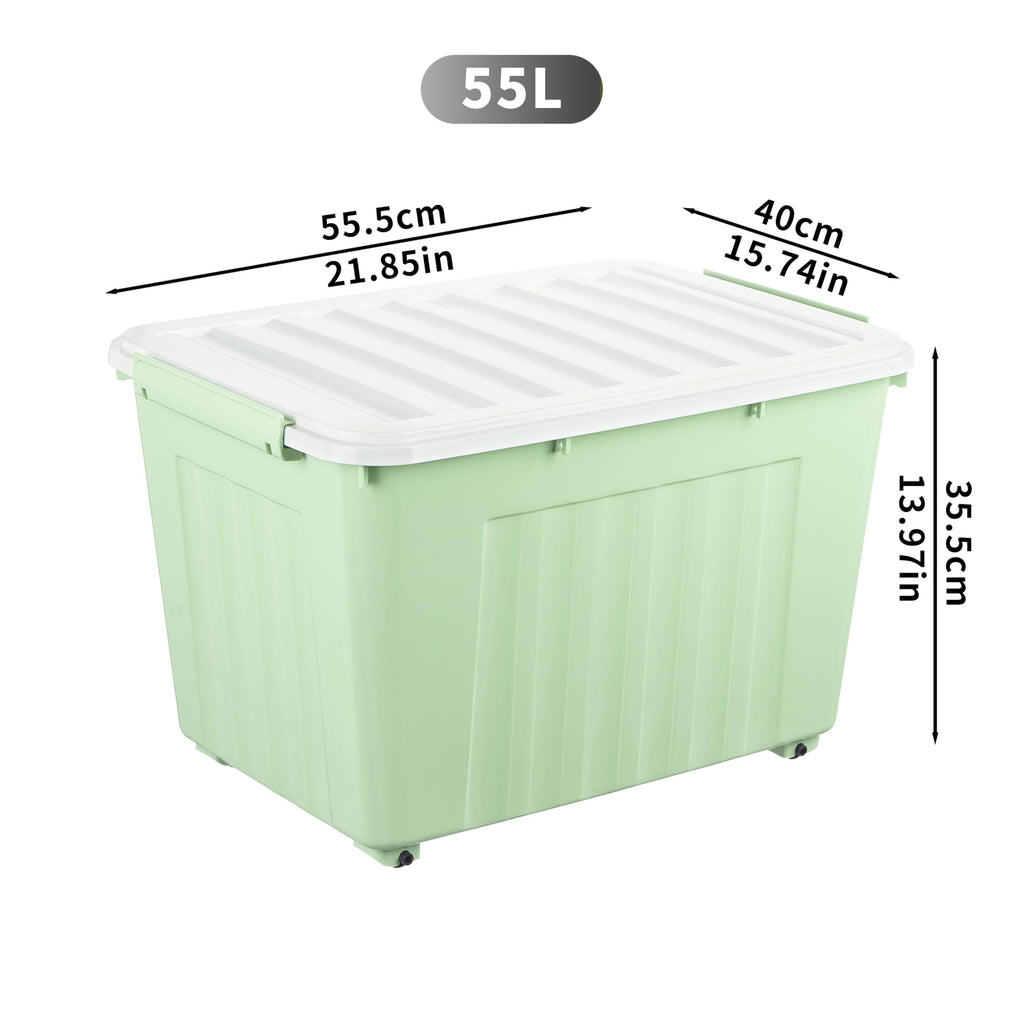 Cetomo 55L*4 Aufbewahrungsboxen, Rillen-verstärkte Kunststoffboxen mit Rollen & Deckeln, Stapelbare Aufbewahrungskiste, Ordnungsboxen für Zuhause und Büro, PP, Grün, 55L (4er Pack)