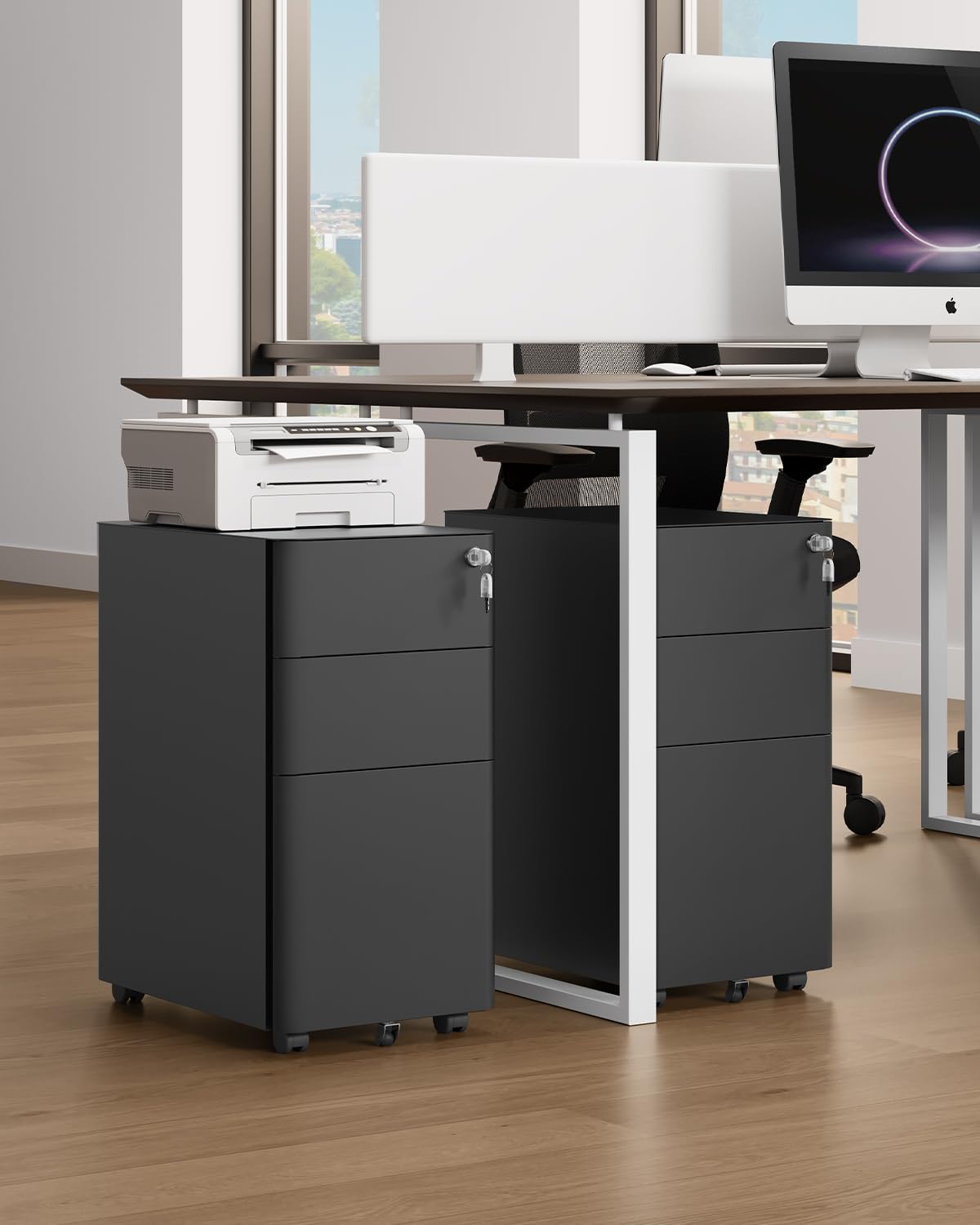 YITAHOME Rollcontainer, Abschließbar Rollcontainer mit 3 Schubladen, Metall Mobiler Aktenschrank Büroschrank mit Rollen für A4, Legal, Letter Home-Office, Hängeregistratur, Schwarz, 46 x 30 x 59cm