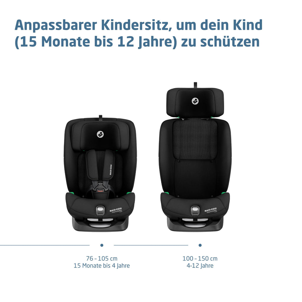 Maxi-Cosi Titan S Comfort i-Size, atmungsaktive Komfortstoffe, mitwachsender Kindersitz, 15 Monate–12 Jahre (76–150 cm), ISOFIX Kindersitz Auto, 5 Sitzposition & 13 Kopfstützenstufen, Authentic Black