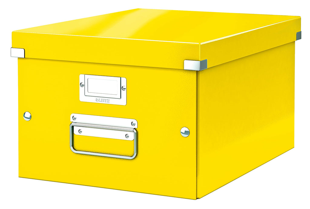 Leitz Click & Store Aufbewahrungsbox mit Deckel Mittel-Groß, Box für Unterlagen bis A4 im Büro u. Haushalt, Transportbox aus 85 % recycelter Premium-Hartpappe, Stabile Metallgriffe, Gelb, 60440016