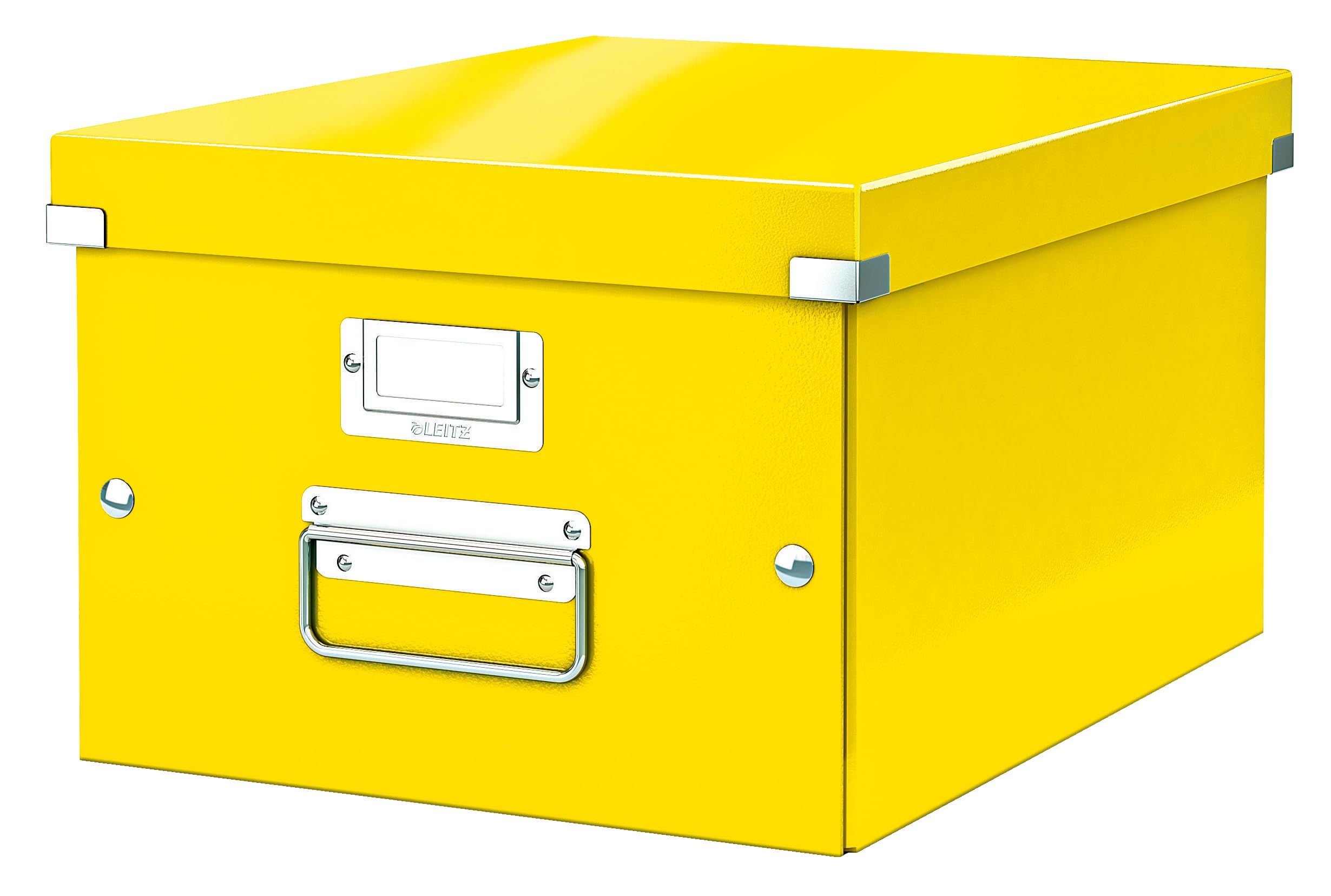 Leitz Click & Store Aufbewahrungsbox mit Deckel Mittel-Groß, Box für Unterlagen bis A4 im Büro u. Haushalt, Transportbox aus 85 % recycelter Premium-Hartpappe, Stabile Metallgriffe, Gelb, 60440016