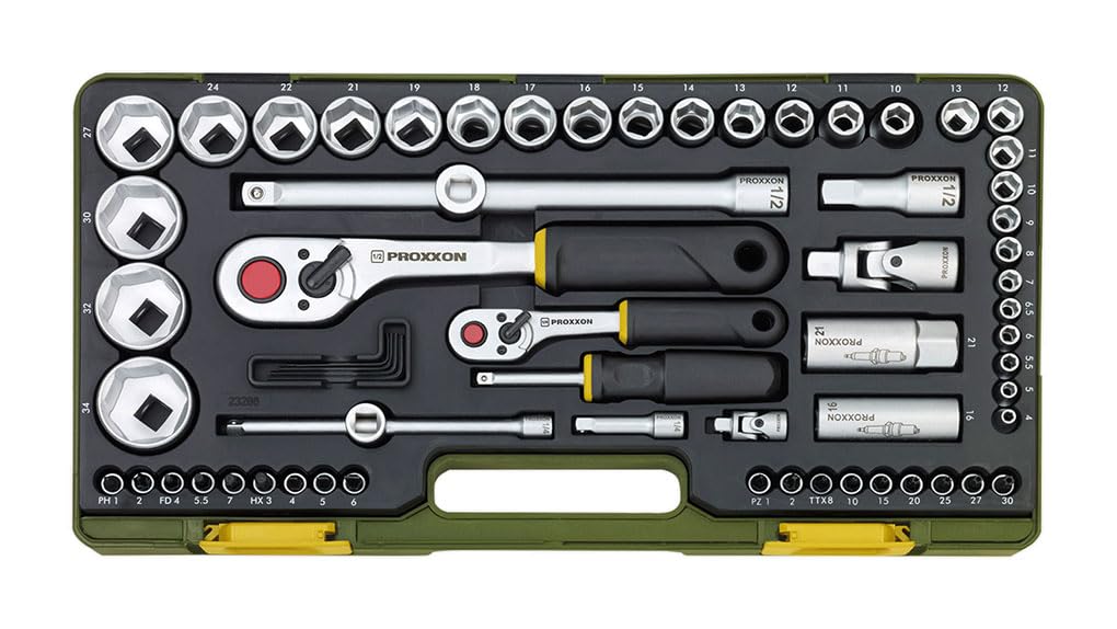 PROXXON Steckschlüsselsatz, Komplettsatz mit 1/4'' und 1/2''-Umschaltratsche, 65-teiliges Werkzeug-Set mit Kunststoffkoffer, 23286