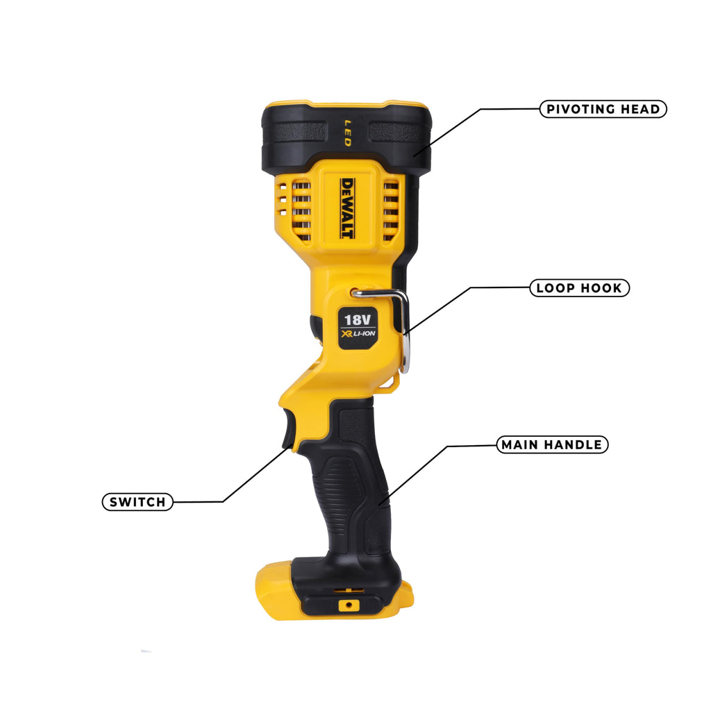 DEWALT Akku-LED-Strahler / Baustellenstrahler (18 V, max. 1.000 Lumen, max. 400 m Distanz, drei weiße und ein abgesoftete rote LED, drehbarer Lampenkopf, Lieferung ohne Akku und Ladegerät), DCL043