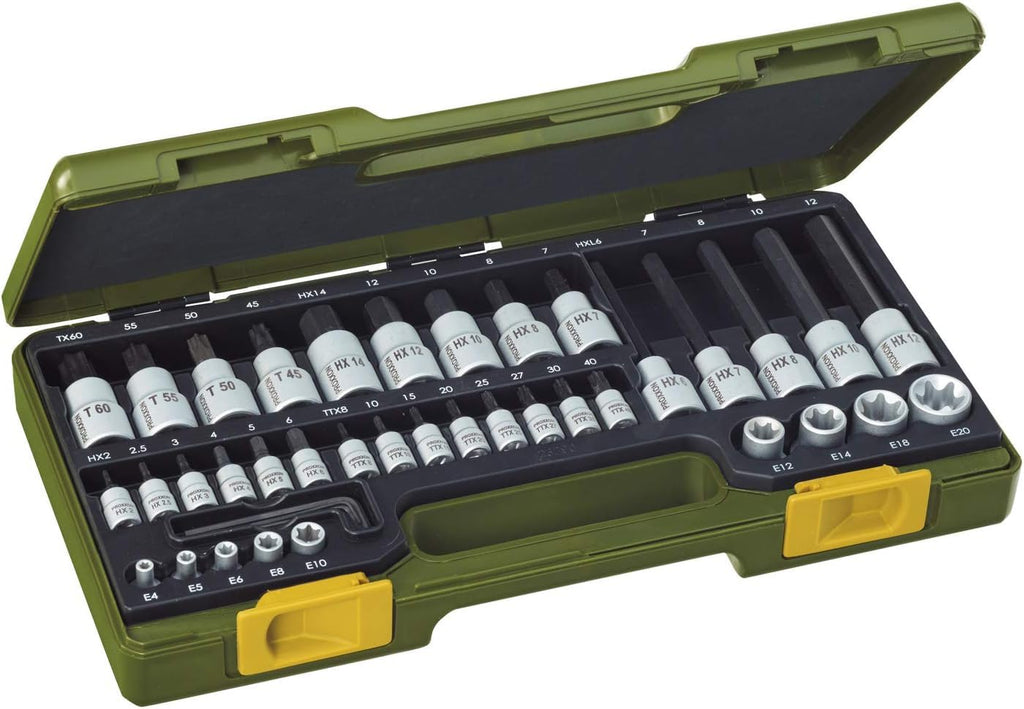 PROXXON Spezialsatz für TX- und Innensechskantschrauben, Für 1/4"-Vierkantantrieb und 1/2"-Vierkantantrieb, 42-teiliges Werkzeug-Set mit Kunststoffkoffer, 23290