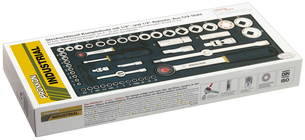 PROXXON Steckschlüsselsatz, Komplettkasten mit 1/4"-und 1/2"-Umschaltratsche sowie Schraubendrehergriff, 56-teiliges Werkzeug-Set mit Stahlkasten, 23040, 450 x 200 x 55 mm