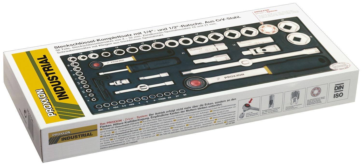 PROXXON Steckschlüsselsatz, Komplettkasten mit 1/4"-und 1/2"-Umschaltratsche sowie Schraubendrehergriff, 56-teiliges Werkzeug-Set mit Stahlkasten, 23040, 450 x 200 x 55 mm