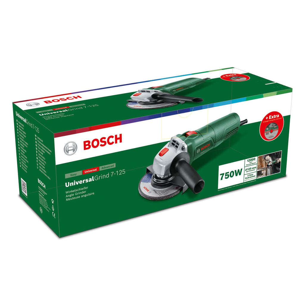 Bosch kompakter Winkelschleifer UniversalGrind 7-125 (750 W; 2x gerade Trennscheiben; 1x Schleifscheibe; zum Schleifen, Trennen und Bürsten; im Karton) – Amazon Edition