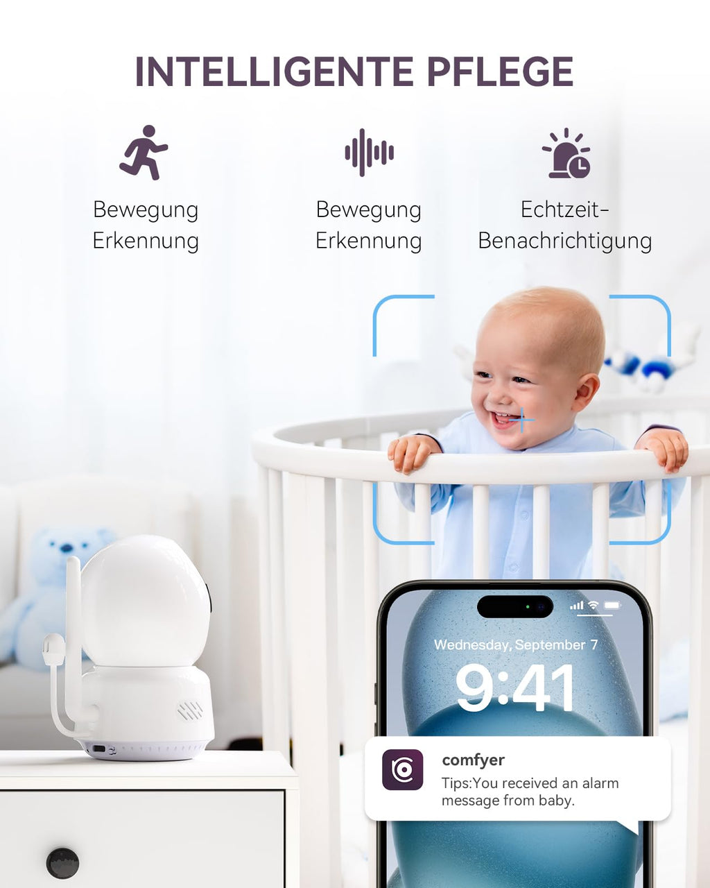 Comfyer 4 Split-Screen Smart Babyphone mit 2K Kamera, 5" HD Display WLAN Kamera Video Babyphone, IR-Nachtsicht, Automatische Verfolgung, Temp Anzeige, Bewegungs/Geräuscherkennung, App Steuern 5050mAh