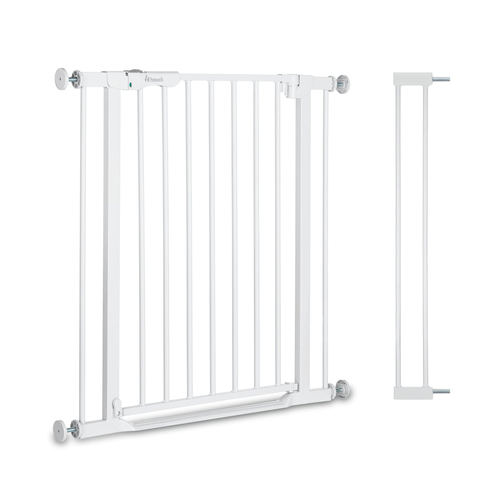 hauck Clear Step Autoclose 2 + 9cm Verlängerung, Weiß - Kinderschutzgitter Hundegitter Verstellbare Breite 84-89cm, 77cm Hoch, Selbstschließend, Flacher Einstieg, Einhand Öffnung, ohne Bohren