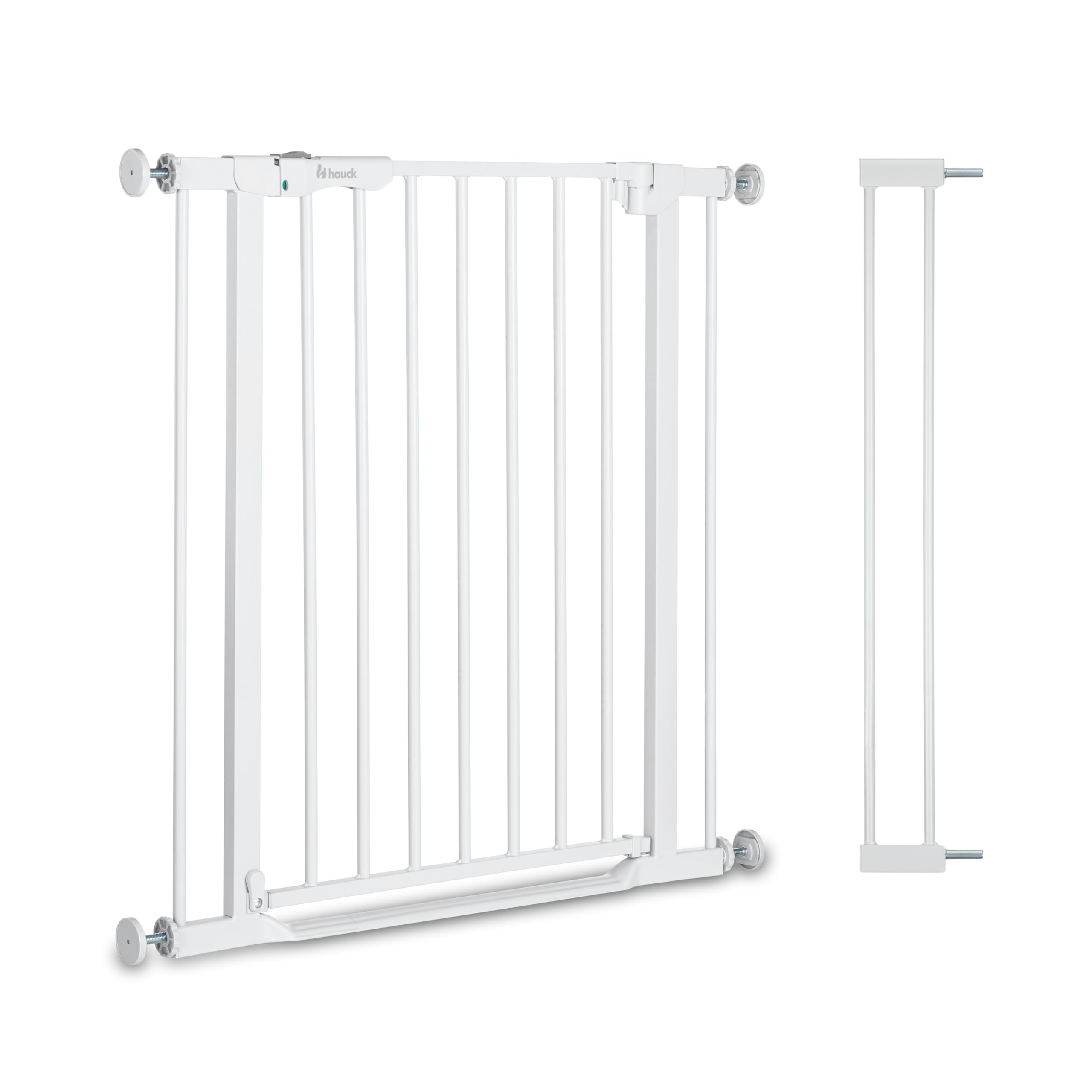hauck Clear Step Autoclose 2 + 9cm Verlängerung, Weiß - Kinderschutzgitter Hundegitter Verstellbare Breite 84-89cm, 77cm Hoch, Selbstschließend, Flacher Einstieg, Einhand Öffnung, ohne Bohren