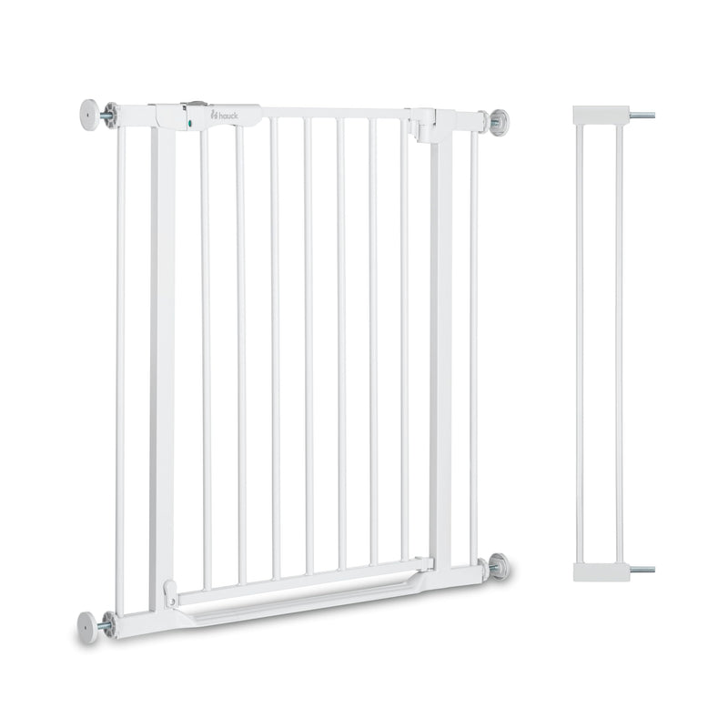 hauck Clear Step Autoclose 2 + 9cm Verlängerung, Weiß - Kinderschutzgitter Hundegitter Verstellbare Breite 84-89cm, 77cm Hoch, Selbstschließend, Flacher Einstieg, Einhand Öffnung, ohne Bohren
