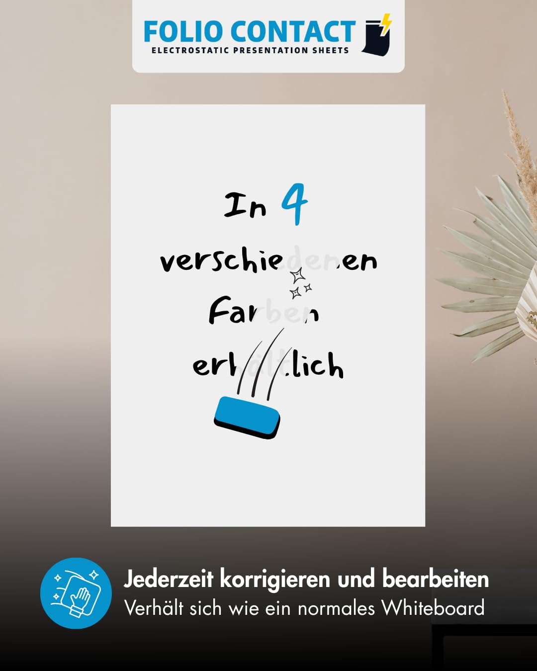 Folio Contact Whiteboard Folie – elektrostatisch haftend, wiederbeschreibbar & abwischbar – haftet ohne Kleber auf allen glatten Flächen – 60 x 80 cm