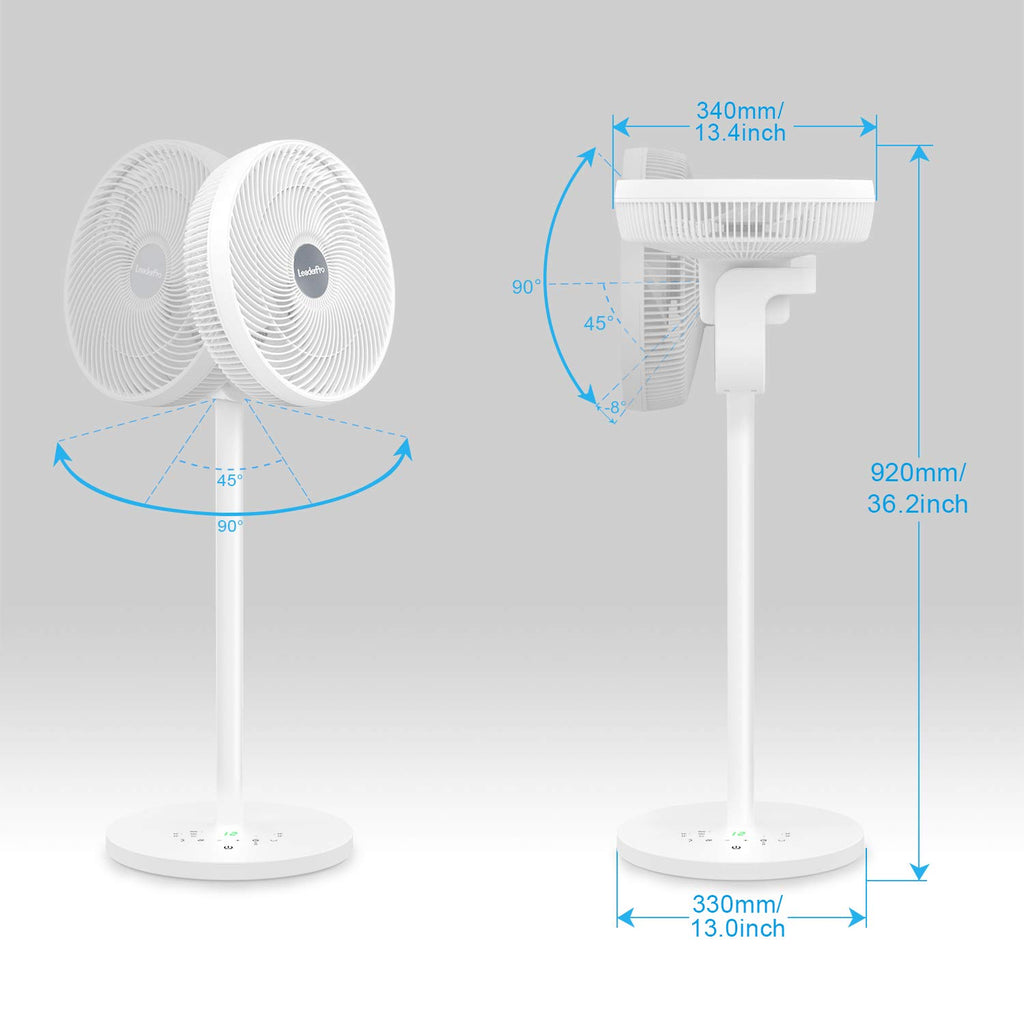 LeaderPro DC Motor Standventilator - Ventilator Leise 20dB 3D Oszillierend mit Fernbedienung/Höhe 92cm/6,8m/s/Durchmesser 34cm/9 Blätter/80% Energie Sparen/Turbo Luftzirkulator Raumventilator