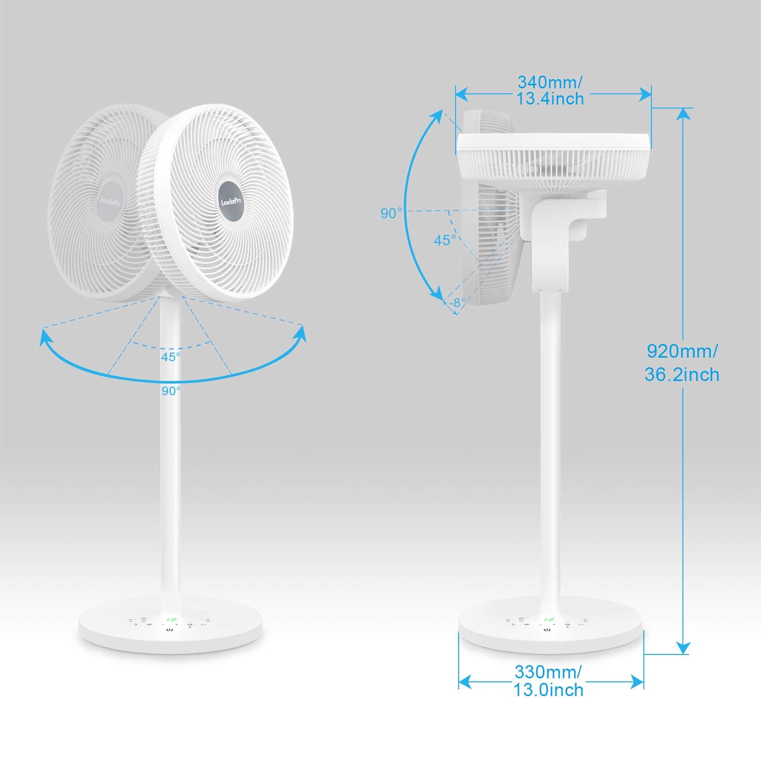 LeaderPro DC Motor Standventilator - Ventilator Leise 20dB 3D Oszillierend mit Fernbedienung/Höhe 92cm/6,8m/s/Durchmesser 34cm/9 Blätter/80% Energie Sparen/Turbo Luftzirkulator Raumventilator