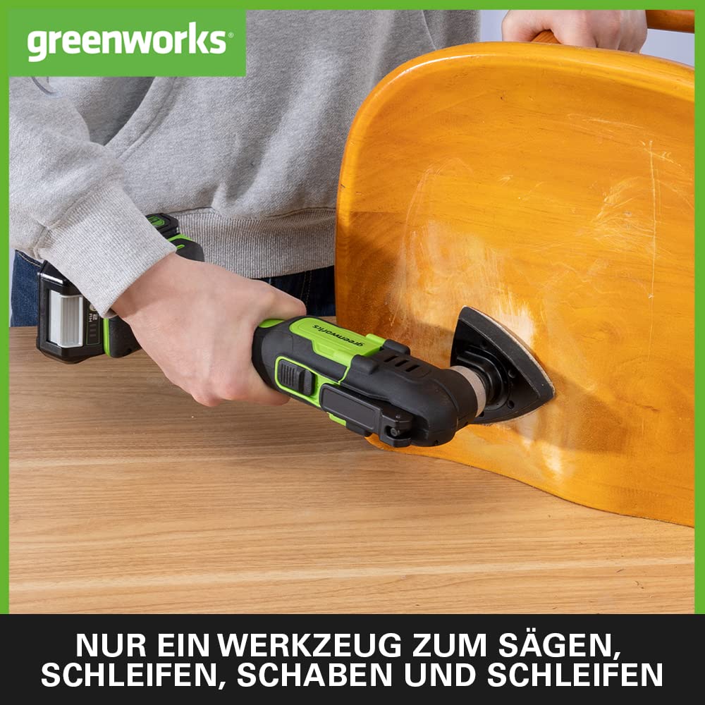Greenworks 24V Multifunktionswerkzeug G24MT (Li-Ion 24V 18000 Schwingungen pro Minute 3° Oszillationsbogen variable Geschwindigkeit werkzeugloser Klingenwechsel LED-Leuchte ohne Akku und Ladegerät)