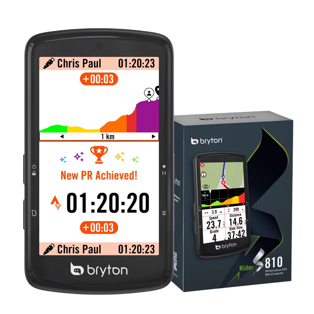 Bryton Rider S810 GPS-Fahrradcomputer mit 3,5" Farb-Touchscreen mit 2.5D-Glas, 50 Std. Akkulaufzeit, Offline-Europakarte, Turn-by-Turn-Navigation, ANT+/BLE-Konnektivität, Strava Live Segmente