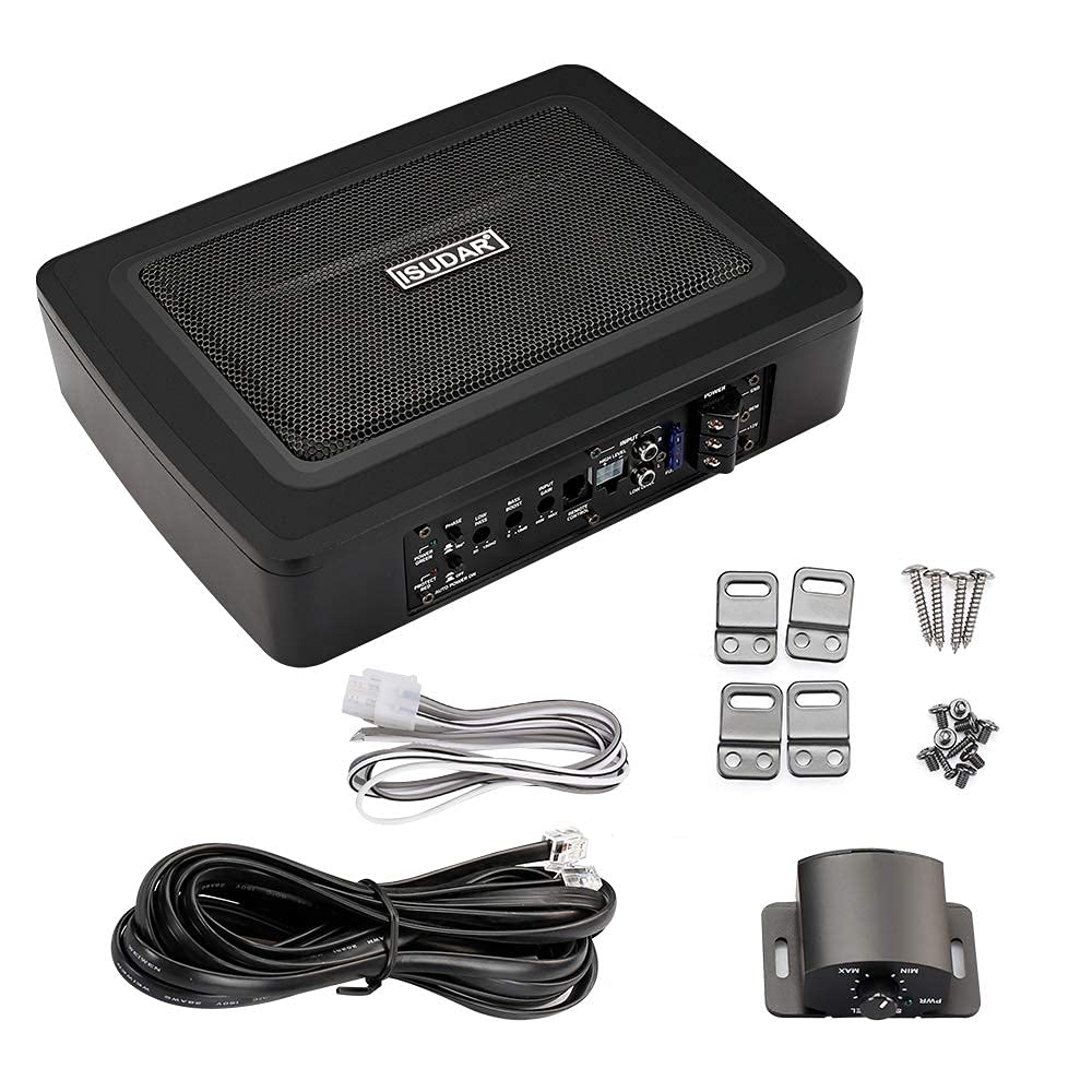 ISUDAR 9 Zoll schlanker Max 600W Subwoofer Aktiv Powered Untersitz-Auto Audio Subwoofer eingebautem Verstärker für Auto/LKW mit Fernbedienung niedrigen und hohen Eingangspegeln, Schwarz