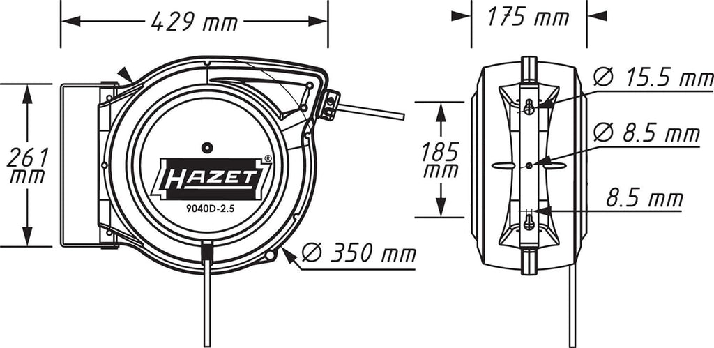 HAZET Kabelaufroller 9040D-2,5 I Leitungslänge: 20 m, Anschlussleitung: 1,5 m, mit "Stop at any point" Funktion I Automatischer Leitungsaufroller für Ordnung in jeder Werkstatt