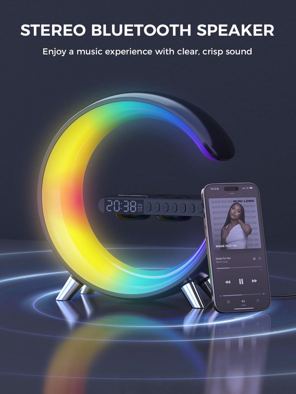 Smiling Shark Lichtwecker, Intelligente Wecker Licht Atmosphärenlicht mit Kabelloses Ladegerät Bluetooth Lautsprecher Dimmbar Naturgeräuschen App Steuerung Sonnenaufgang Licht Wecker für Wohnzimmer