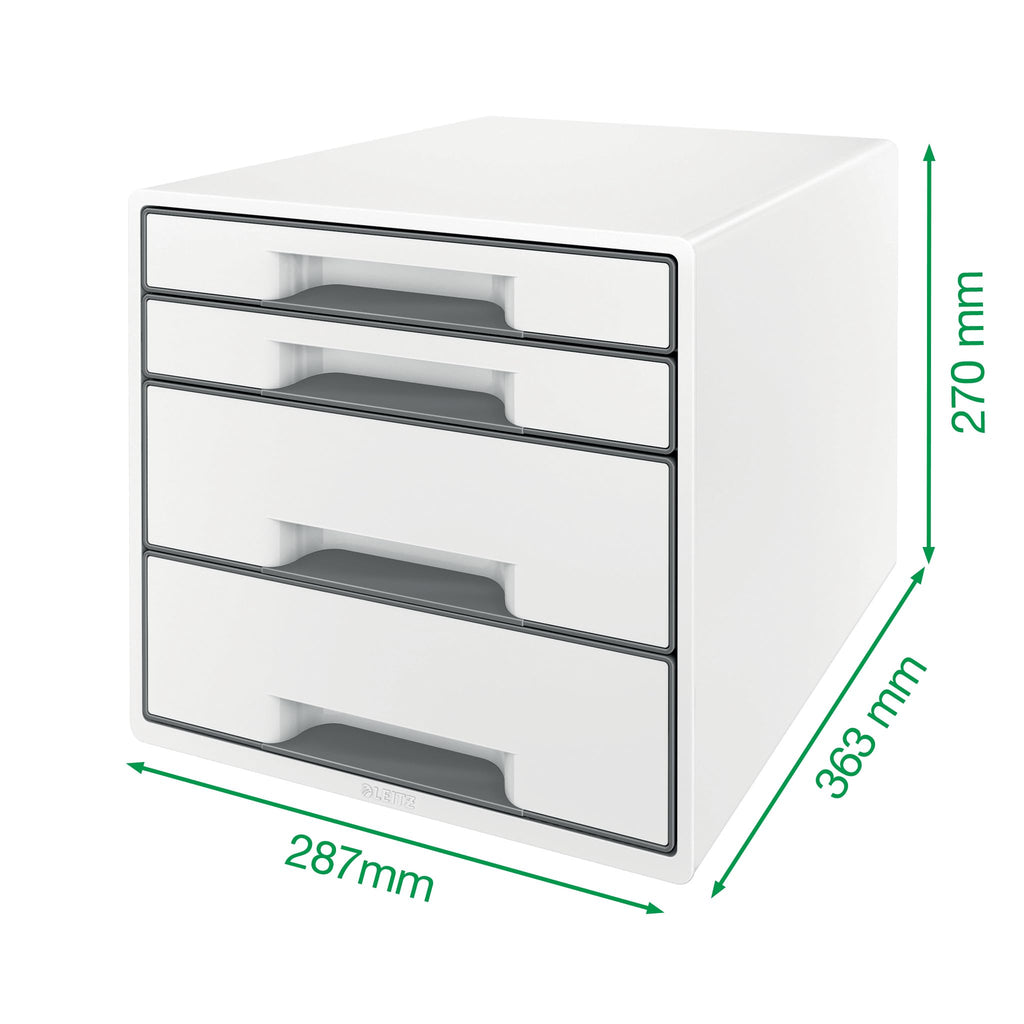 Leitz CUBE Schubladenbox mit 4 Schubladen, Weiß/Eisblau, A4, Inkl. transparentem Schubladeneinsatz, WOW, 52132036