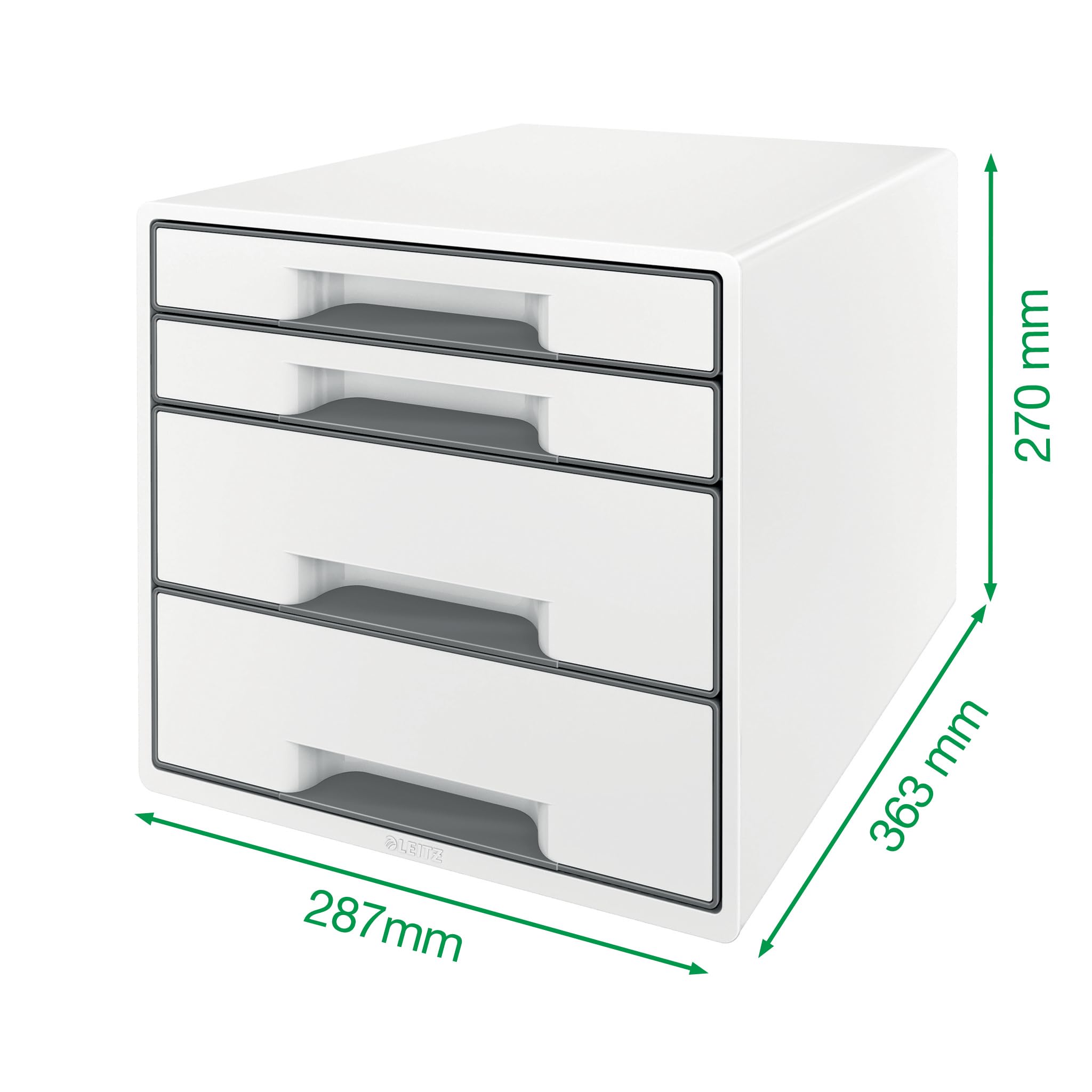 Leitz CUBE Schubladenbox mit 4 Schubladen, Weiß/Eisblau, A4, Inkl. transparentem Schubladeneinsatz, WOW, 52132036