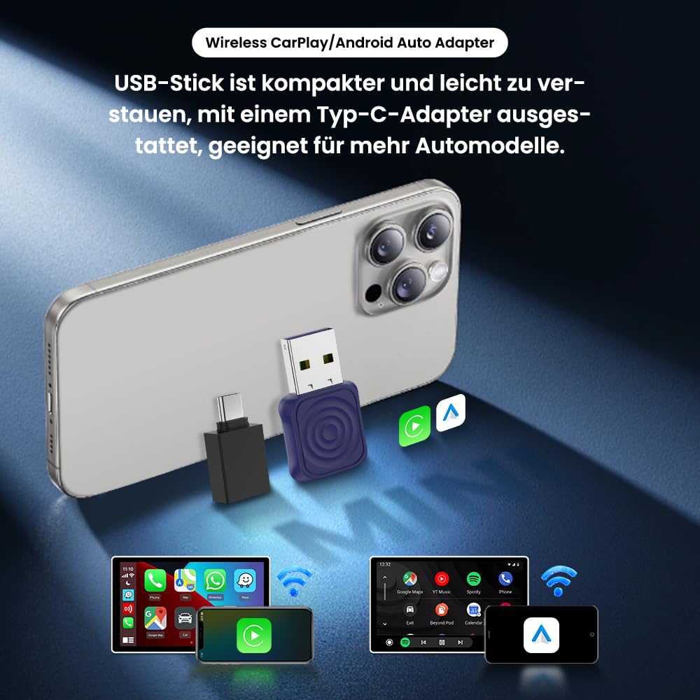 Carlinkit 2025 kabelloser CarPlay & Android Auto Adapter, Upgrade von kabelgebundener auf kabellose Verbindung, Plug & Play mit USB-A/Typ-C, Funktioniert mit iPhone iOS 10+ & Android 11.0+