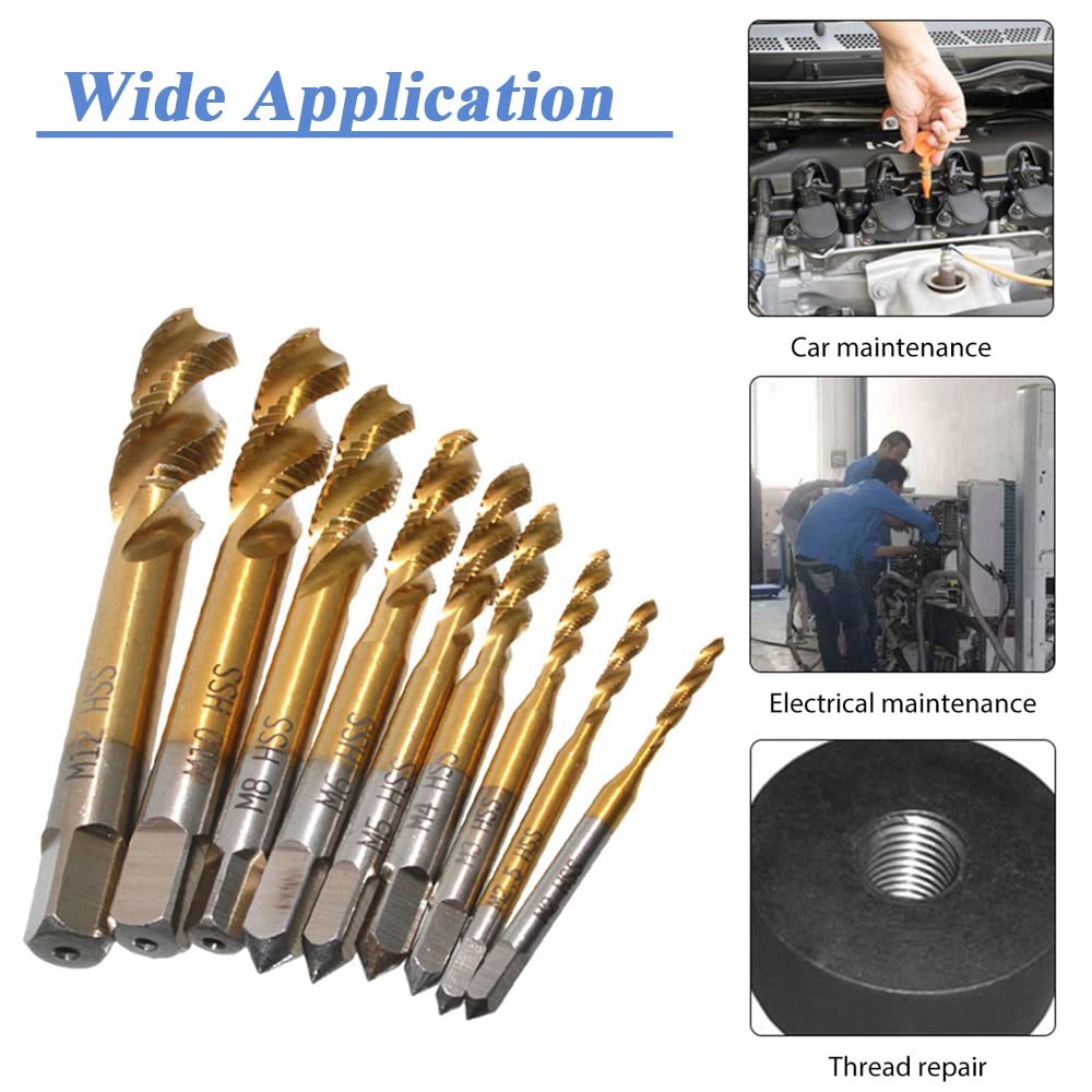 Mesee 9 Stück Spiralnuten-Gewindebohrer-Set, Titanbeschichtet, HSS metrisches Gewindebohrer, Bohrer, Gewindebohrer, Gewindebohrer, Gewindebohrer, M2, M2,5, M3, M4, M5, M6, M8, M10, M12
