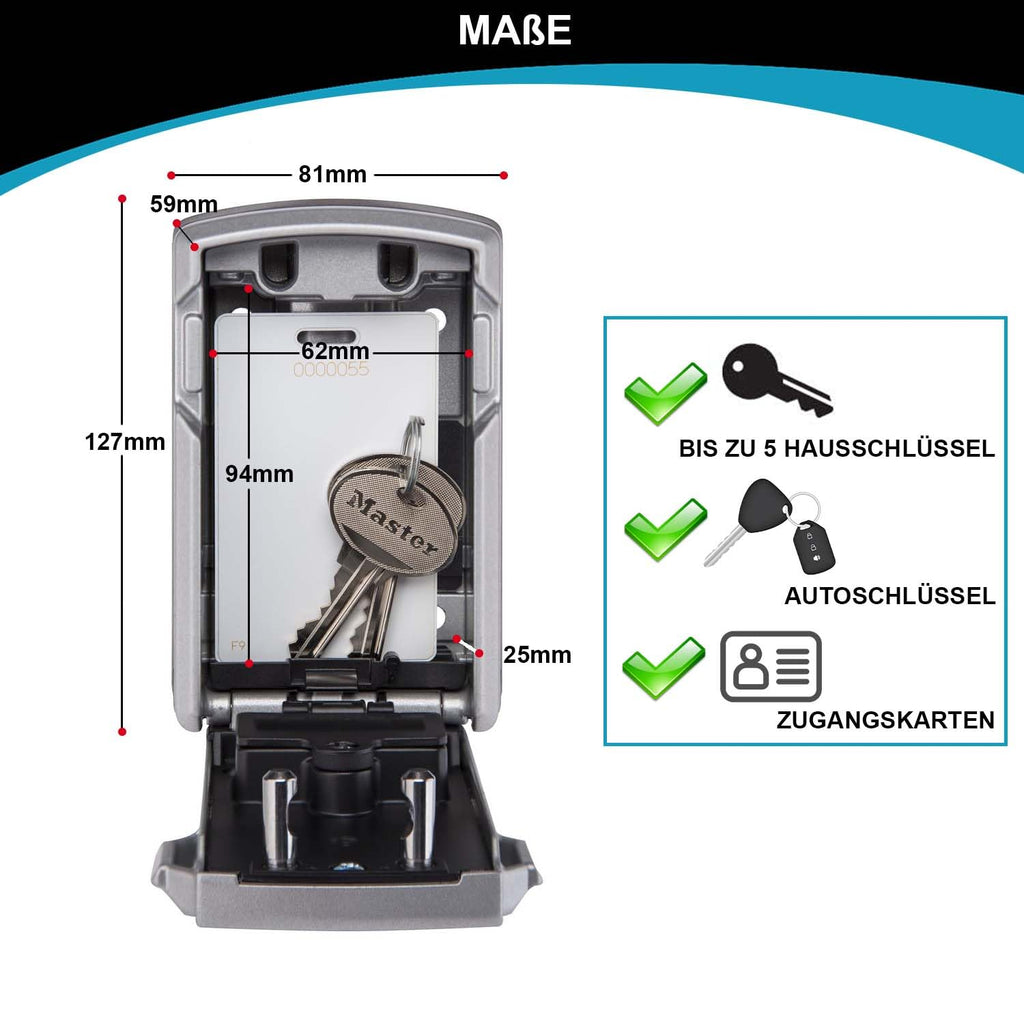 Master Lock Smart Connected Schlüsseltresor zur Wandmontage, Bluetooth oder Kombination, mittel 83 x 127 x 59 mm, Outdoor, für Profis, Schwarz und Grau