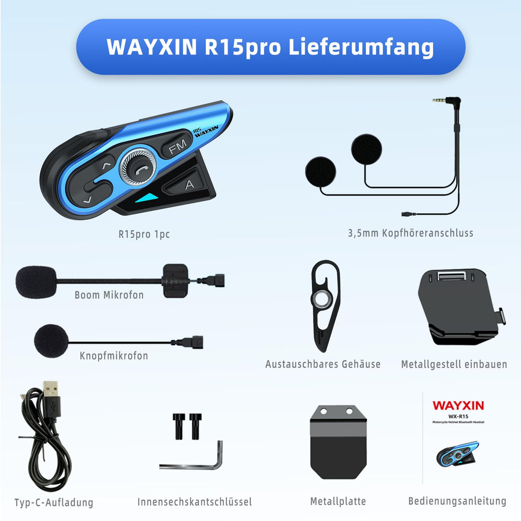 WAYXIN R15pro Motorrad Headset Intercom Helm Headset für bis zu 6 Motorräder 1500M Wireless Kopfhörer mit HiFi/Musik Teilen/FM/AI Sprache Universal intercom Motorradfahren/Skifahren/Radfahren