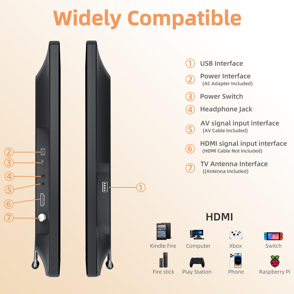 DESOBRY 19-Zoll Fernseher 1080P mit Antenne, Kleiner Fernseher mit HDMI/AVEingang USB-Anschluss, Tragbare MINI TV für Küche, Schlafzimmer, Camping und Wohnmobil (ohne Batterie)