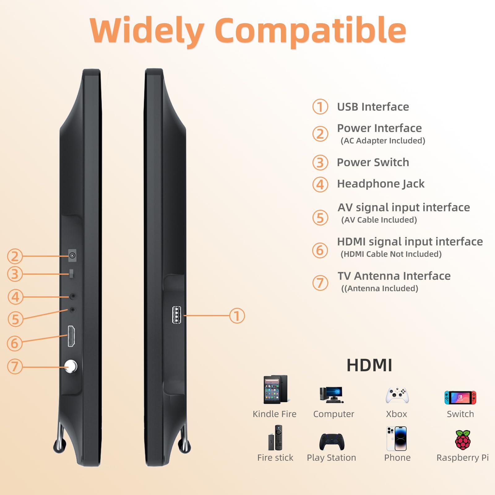 DESOBRY 19-Zoll Fernseher 1080P mit Antenne, Kleiner Fernseher mit HDMI/AVEingang USB-Anschluss, Tragbare MINI TV für Küche, Schlafzimmer, Camping und Wohnmobil (ohne Batterie)