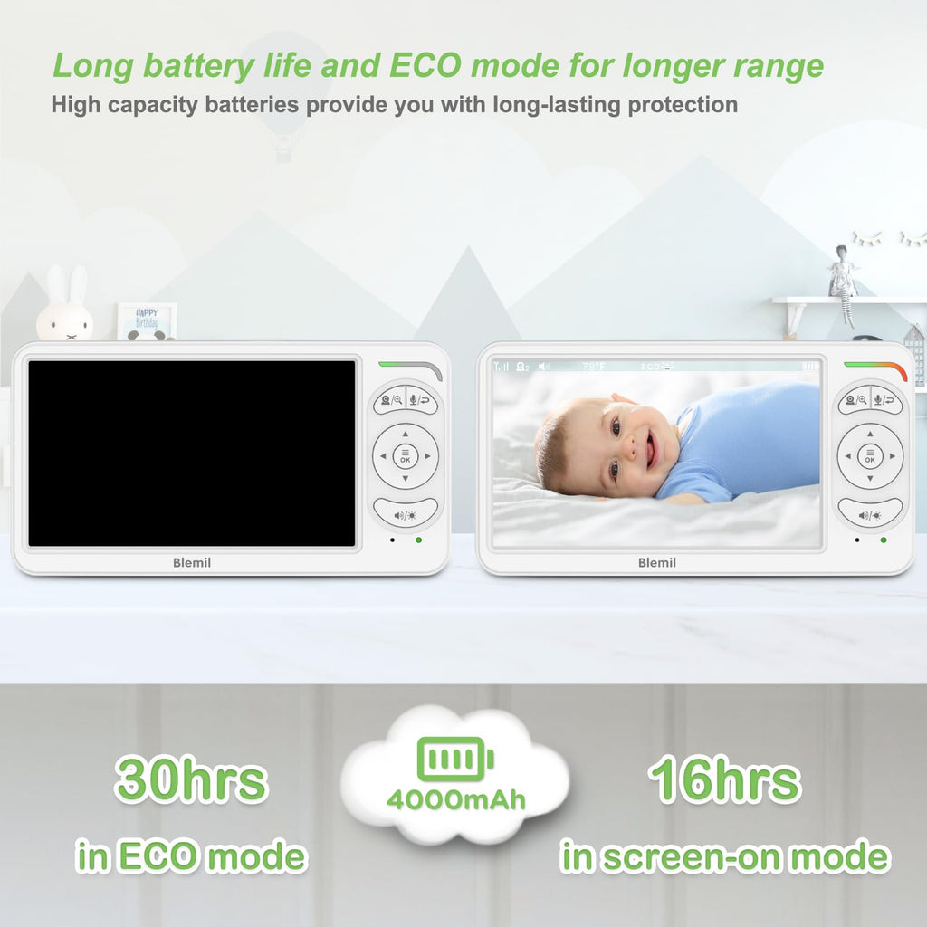 Blemil Babyphone mit Kamera,6 Zoll IPS Display Babyphone ohne WLAN, 4000 mAh Akku, ECO-Modus, Auto-Nachtsicht, 2-Wege-Audio, 300 m Reichweite（Idealzustand）,Weinen-Erkennung