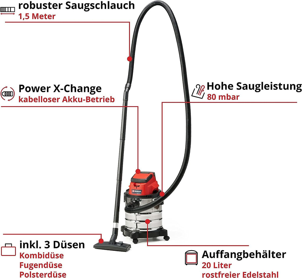 Einhell Akku-Nass-Trockensauger TC-VC 18/20 Li S-Solo Power X-Change (18 V, 20 L Edelstahlbehälter, Rollen, Zubehörhalterung, inkl. div. Filter und Düsen, ohne Akku)