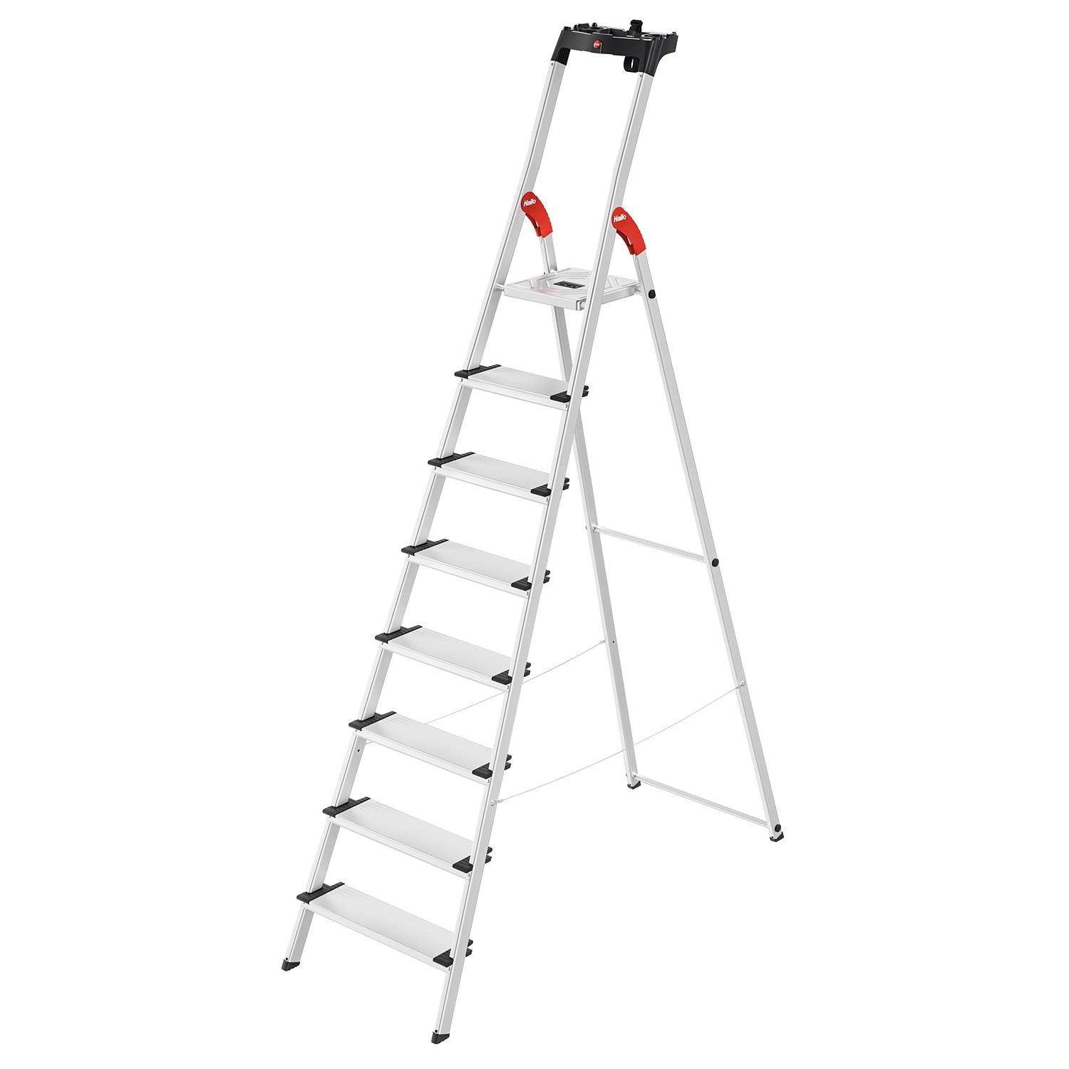 Hailo L80 ComfortLine Alu-Sicherheits-Stehleiter - 8 XXL-Stufen belastbar bis 150 kg - Tiefe Standfläche - Stehleiter mit Ablage - klappbare Aluleiter Made in Germany - Leiter rostfrei - Silber