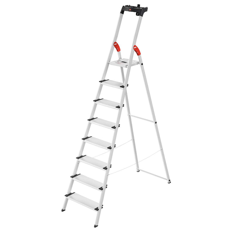 Hailo L80 ComfortLine Alu-Sicherheits-Stehleiter - 8 XXL-Stufen belastbar bis 150 kg - Tiefe Standfläche - Stehleiter mit Ablage - klappbare Aluleiter Made in Germany - Leiter rostfrei - Silber