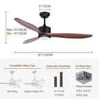 Ovlaim 132cm Walnuss Holz Deckenventilatoren mit Beleuchtung Fernbedienung, 3-Blatt-Propeller Smart Deckenventilator für Indoor Outdoor, hoher Luftstrom leiser DC-Motor