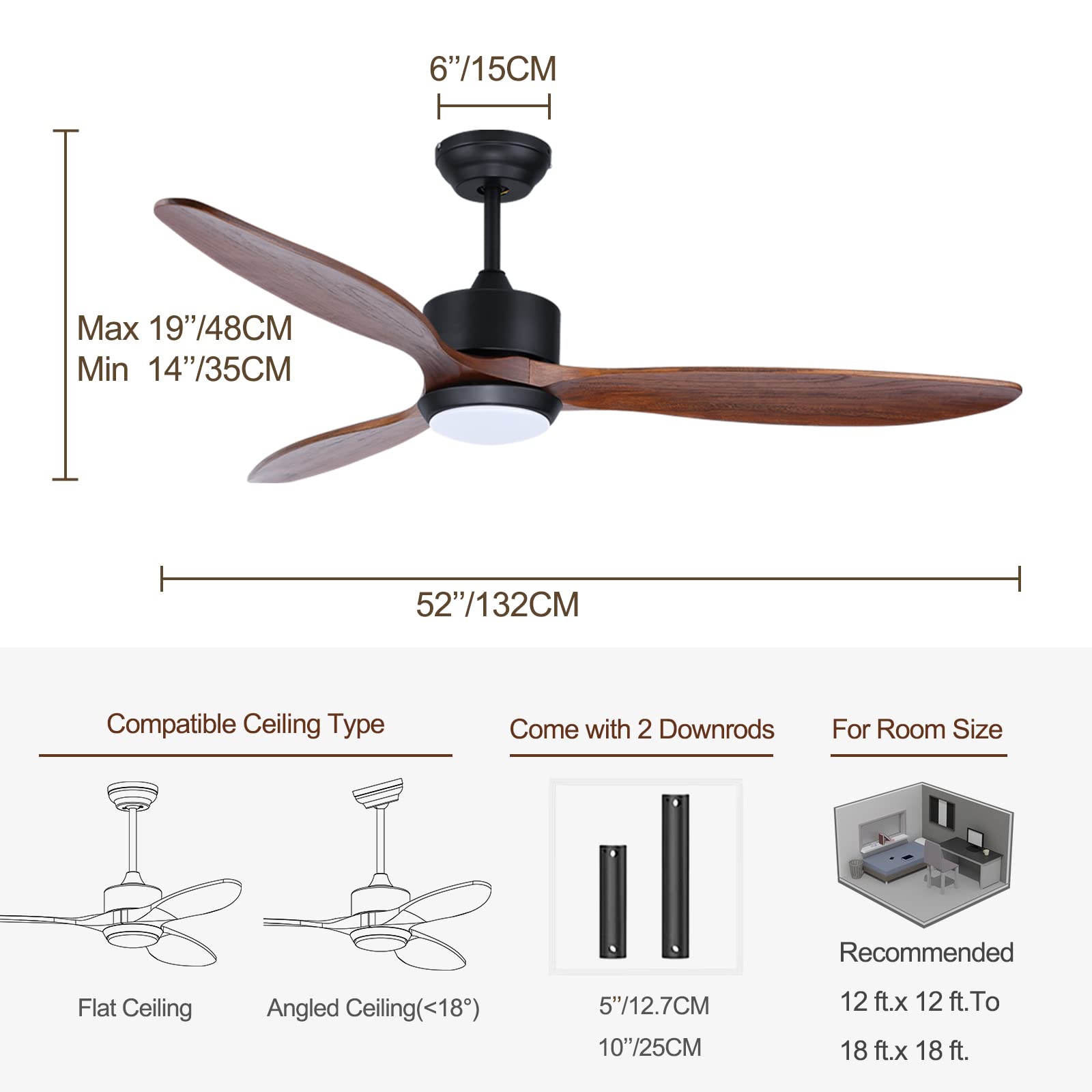 Ovlaim 132cm Walnuss Holz Deckenventilatoren mit Beleuchtung Fernbedienung, 3-Blatt-Propeller Smart Deckenventilator für Indoor Outdoor, hoher Luftstrom leiser DC-Motor