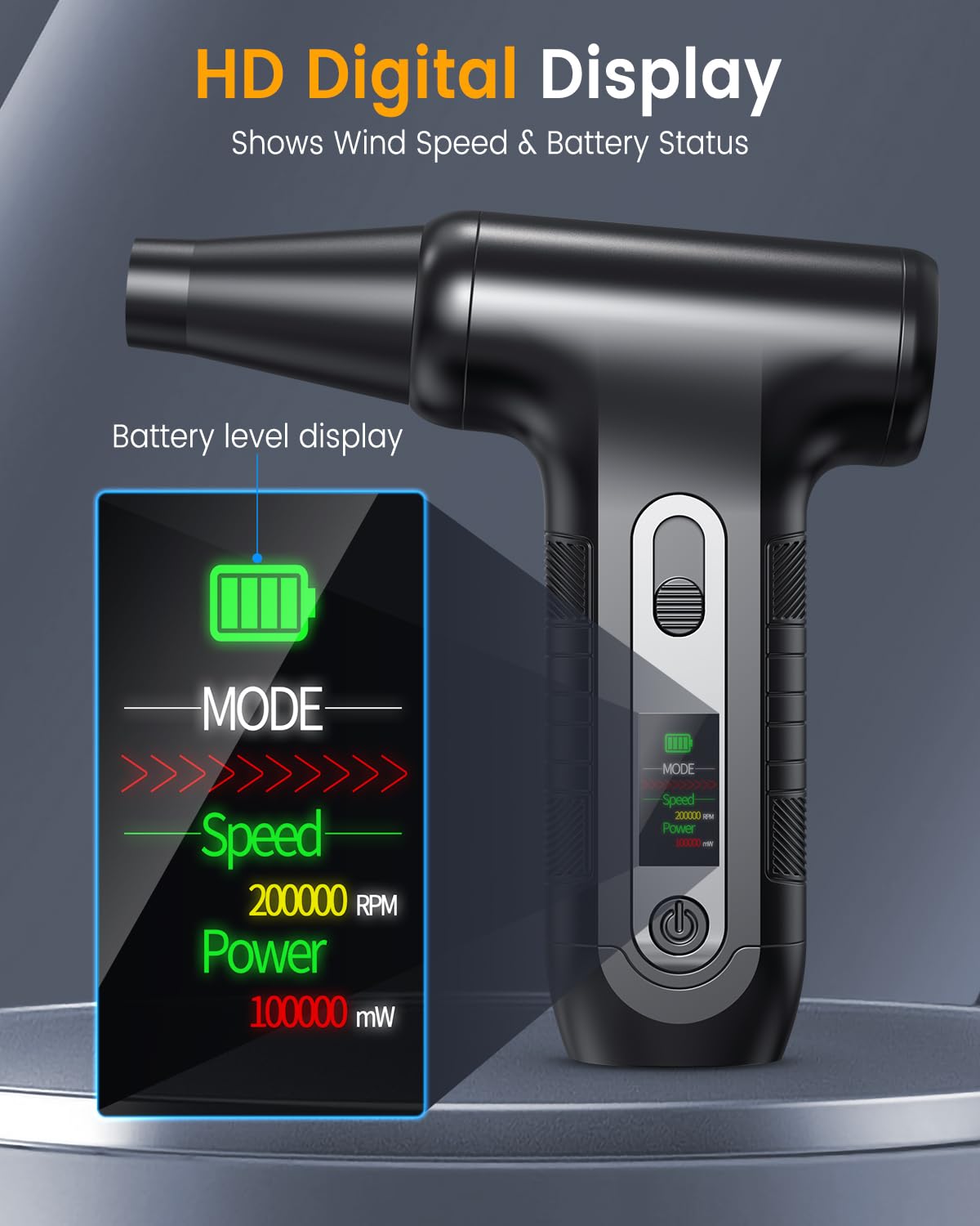 Elektrische Staubgebläse mit HD-Display - Electric Air Duster 200000 RPM mit LED-Licht, Mini-Gebläse mit Akku, Druckluftspray PC Reinigung, Luftgebläse für Tastatur, Haus, Outdoor, Auto, W06, Schwarz