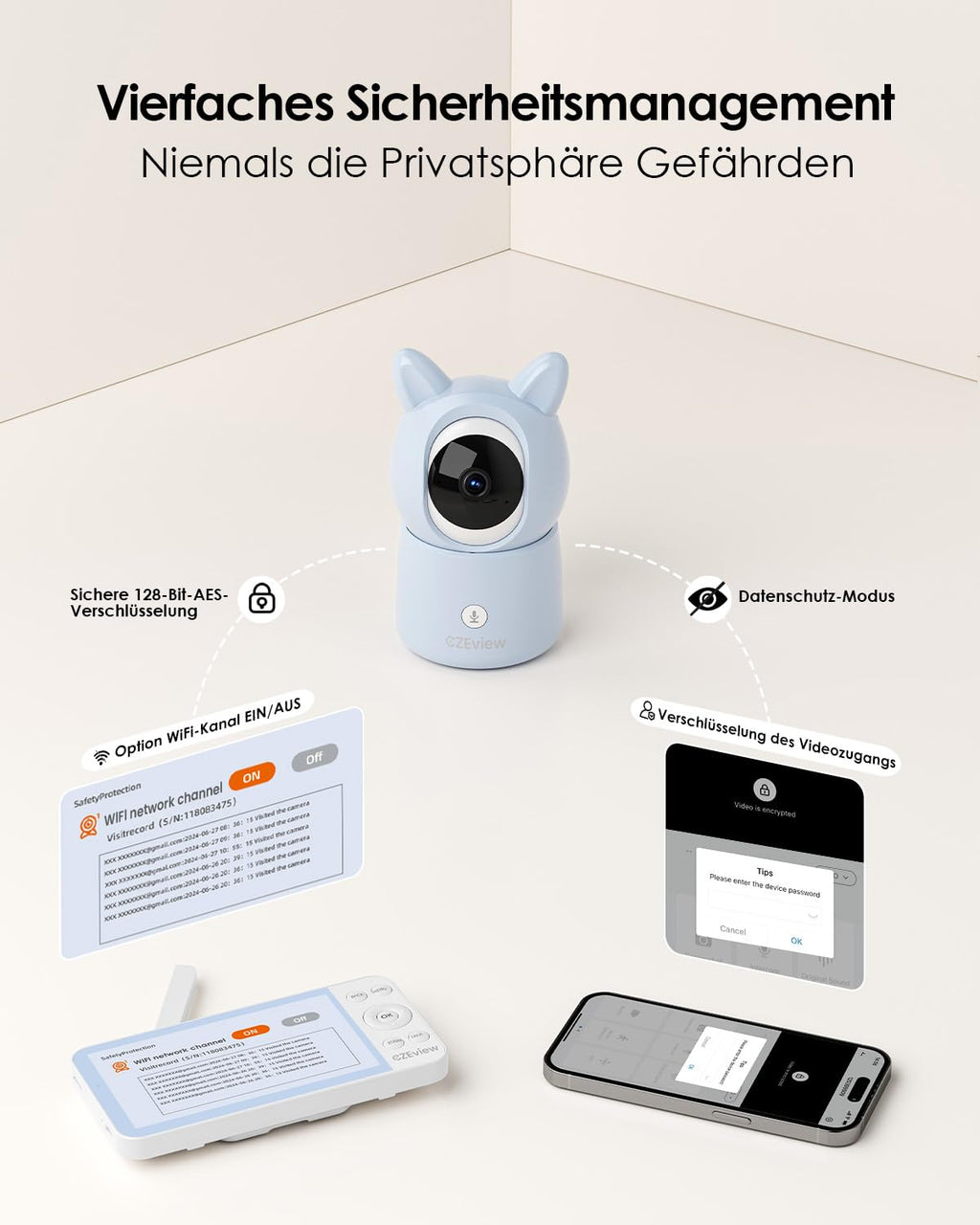 CZEview BM6 Babyphone mit Kamera 2K & 4X Zoom, 5.5" HD WLAN Video Babyfon mit App, Nachtsicht, Bewegungs&Geräusch&Temperaturerkennung, 2-Wege-Gespräch, 360° Ansicht, Musik&Buntes Nachtlicht(Blau)