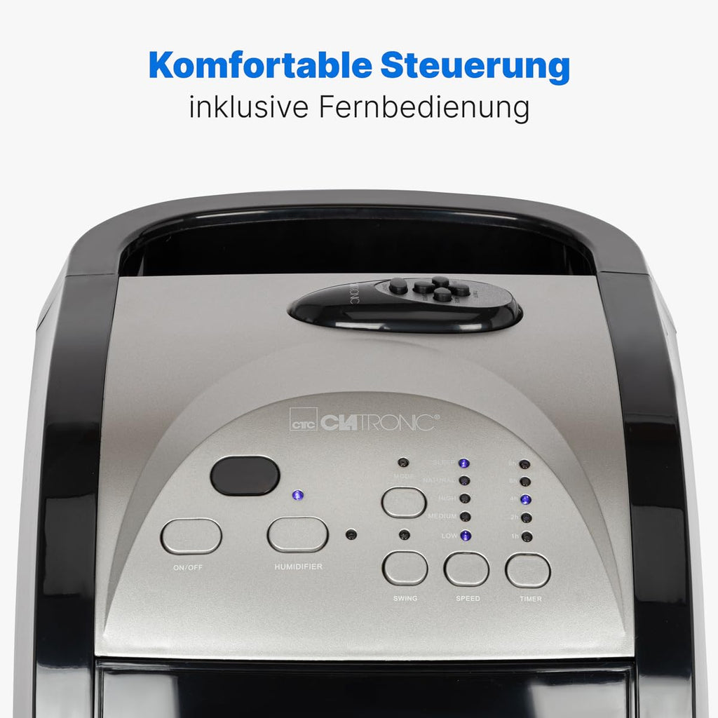 Clatronic 3in1 Luftkühler, Luftentfeuchter und Luftreiniger, 3 Stufen, 8 Std. Timer, inkl. Fernbedienung, 4,5 Liter Wassertank, 90° oszillierend, 4 Rollen, 70 Watt, LK 3742 schwarz
