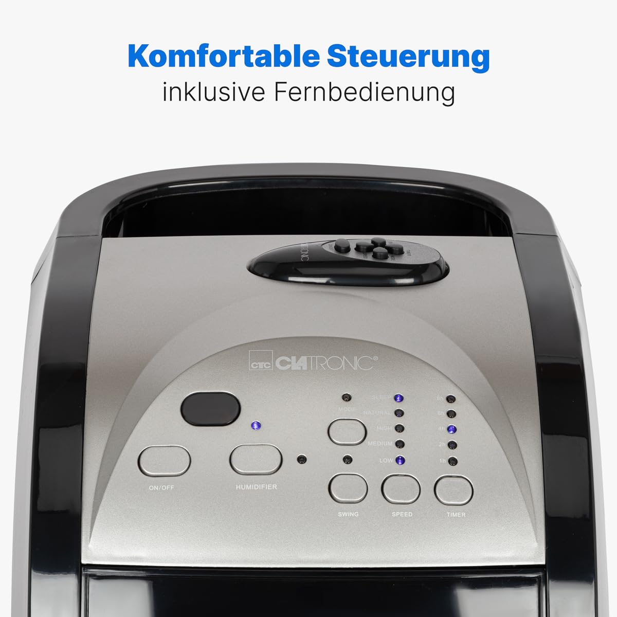 Clatronic 3in1 Luftkühler, Luftentfeuchter und Luftreiniger, 3 Stufen, 8 Std. Timer, inkl. Fernbedienung, 4,5 Liter Wassertank, 90° oszillierend, 4 Rollen, 70 Watt, LK 3742 schwarz