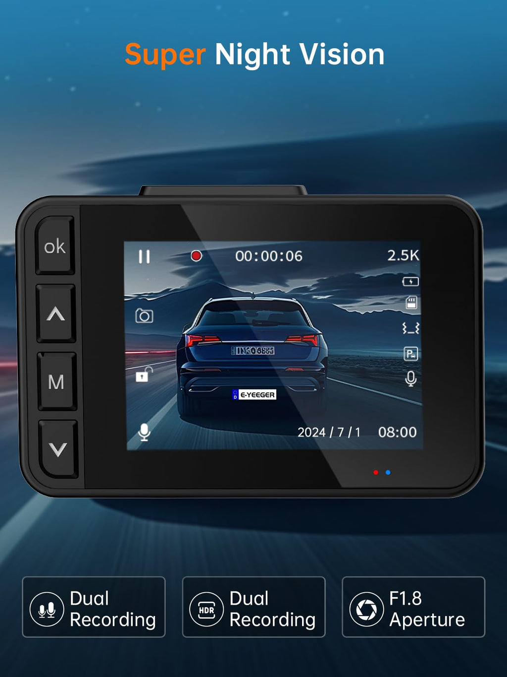 Dashcam Auto Vorne Hinten, 2" IPS-Bildschirm Mini Auto Kamera, 2,5K+1080P Full HD Dash Cam für Autos mit G-Sensor, 170°Weitwinkel, 24H Parküberwachung, Loop-Aufnahme, Nachtsicht, 32-GB-Karte