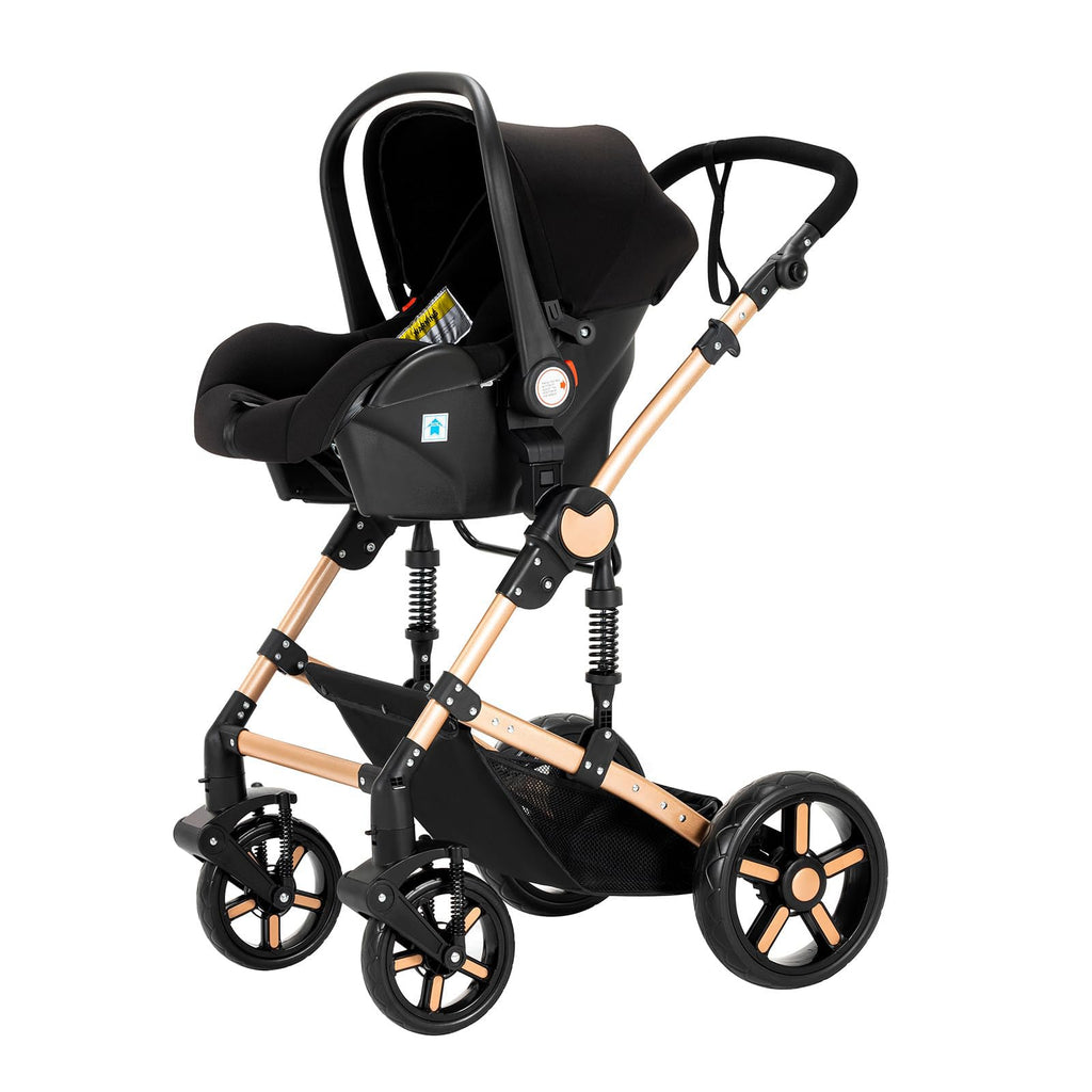 Reenborn Kinderwagen 3 in 1, Buggy mit Zwei Umkehrbaren Schiebemodi, Kinderwagen mit Rahmen Aluminiumlegierung, Babywagen 3 in 1 Komplettset mit Ein-Klick-Faltdesign Hohe Landschaft (588 Black Gold)